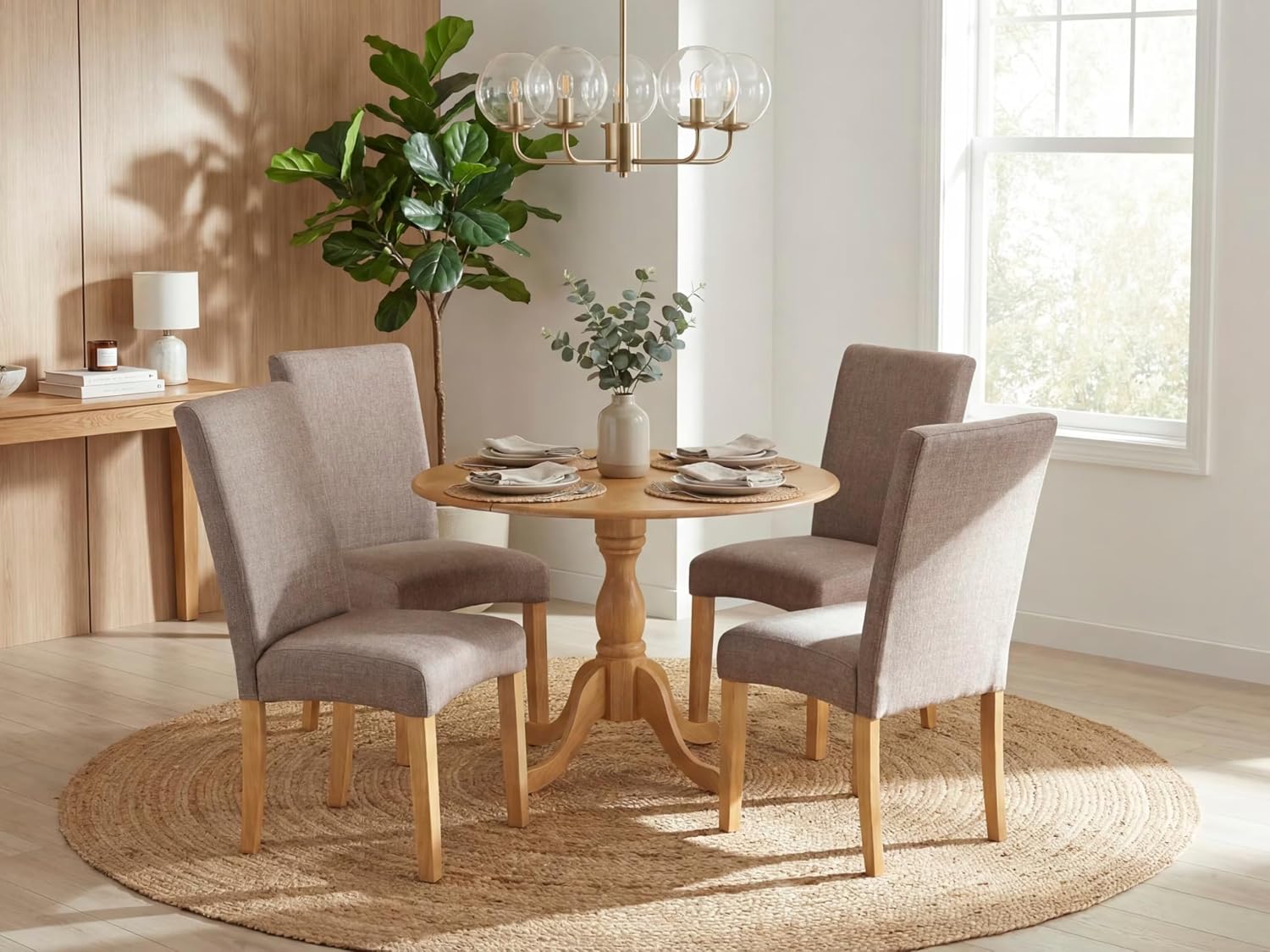 East West Furniture DMDR5-OAK-16 5 Piece Dining Set Includes a Round Dining Room Table with Dropleaf and 4 Dark Khaki Linen Fabric Upholstered Parson Chairs, 42x42 Inch, Oak