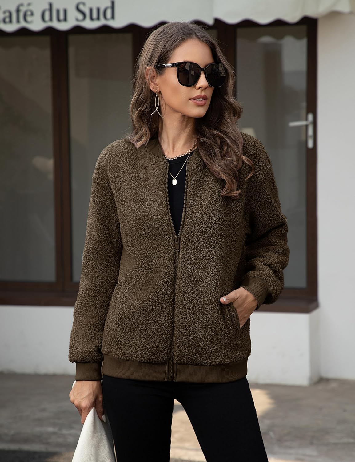 YUCOLEN Womens Sherpa Jacket Fleece Bomber Jacket Zip Up Teddy Coat Long Sleeve Winter Coat Cropped Outwear with Pockets - Image 4