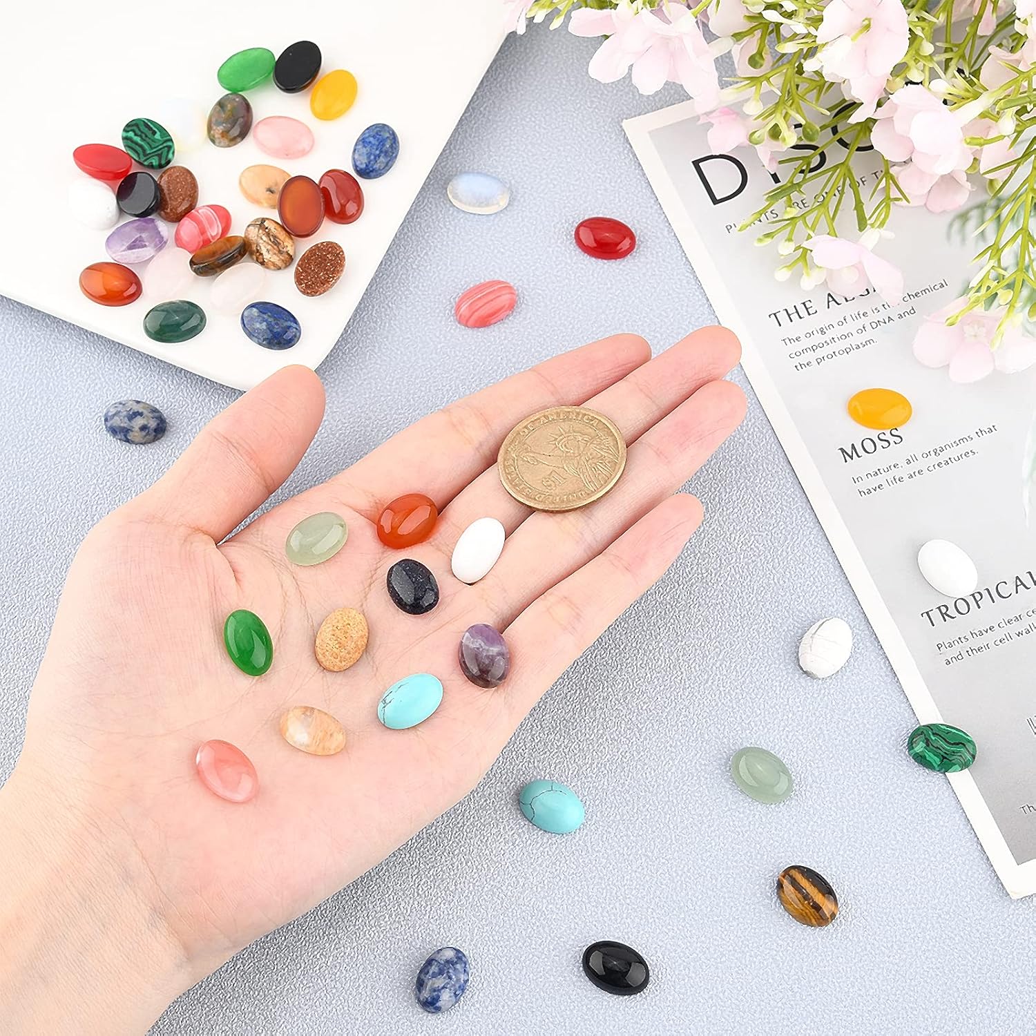 PandaHall 48pcs 24 Styles 14mm x 10mm Oval Gemstone Cabochon Flat Back Gemstone Chakra Crystal Cab Covers for Bracelet Necklace Earring Pendant Jewelry DIY Craft making - Image 3