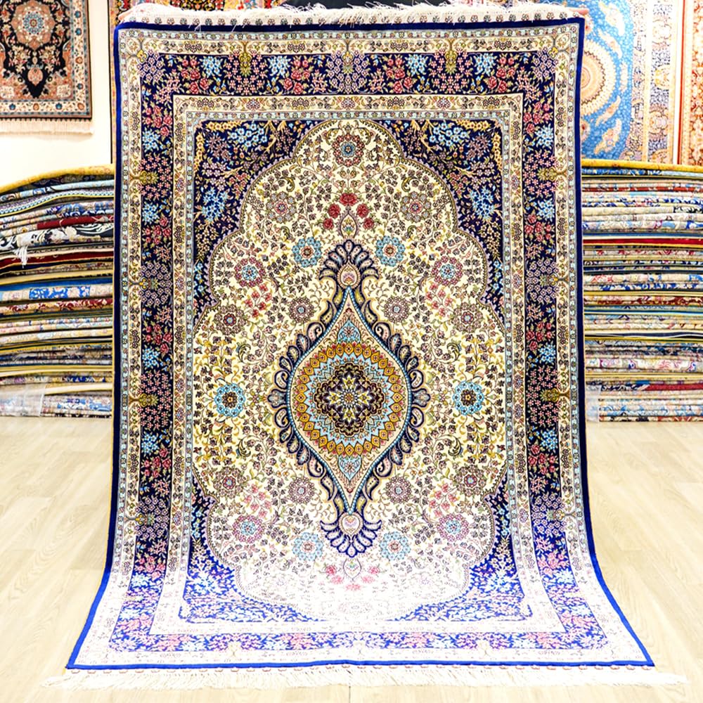 Oriental Silk Carpet 4x6 Purple Hand Knotted Traditional Medallion Vintage Floral Luxury Silk Living Room Rug