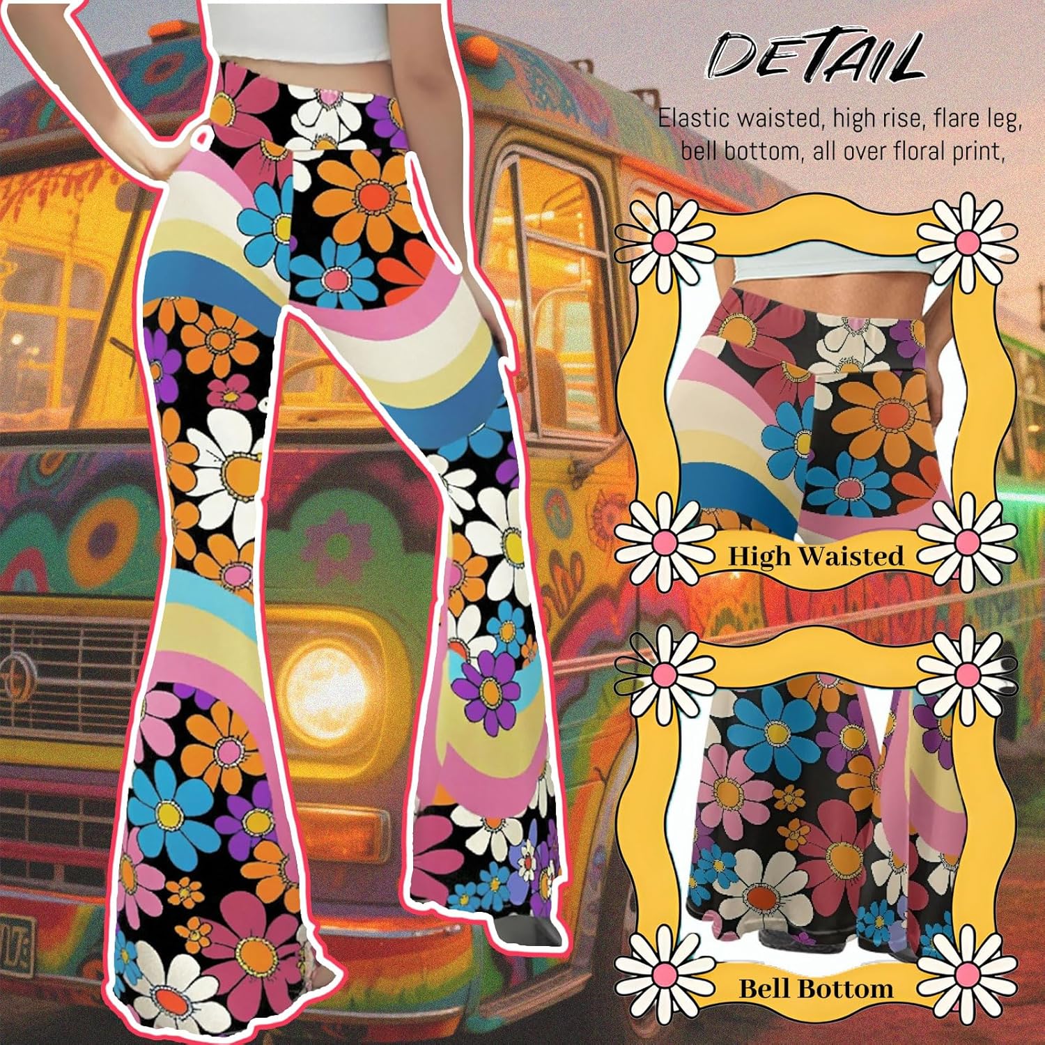 Women's 70S Yoga Pants Flare Ladies Hippie Flower Flared Leggings Athletic Leggings High Waisted Workout Pants - Image 4