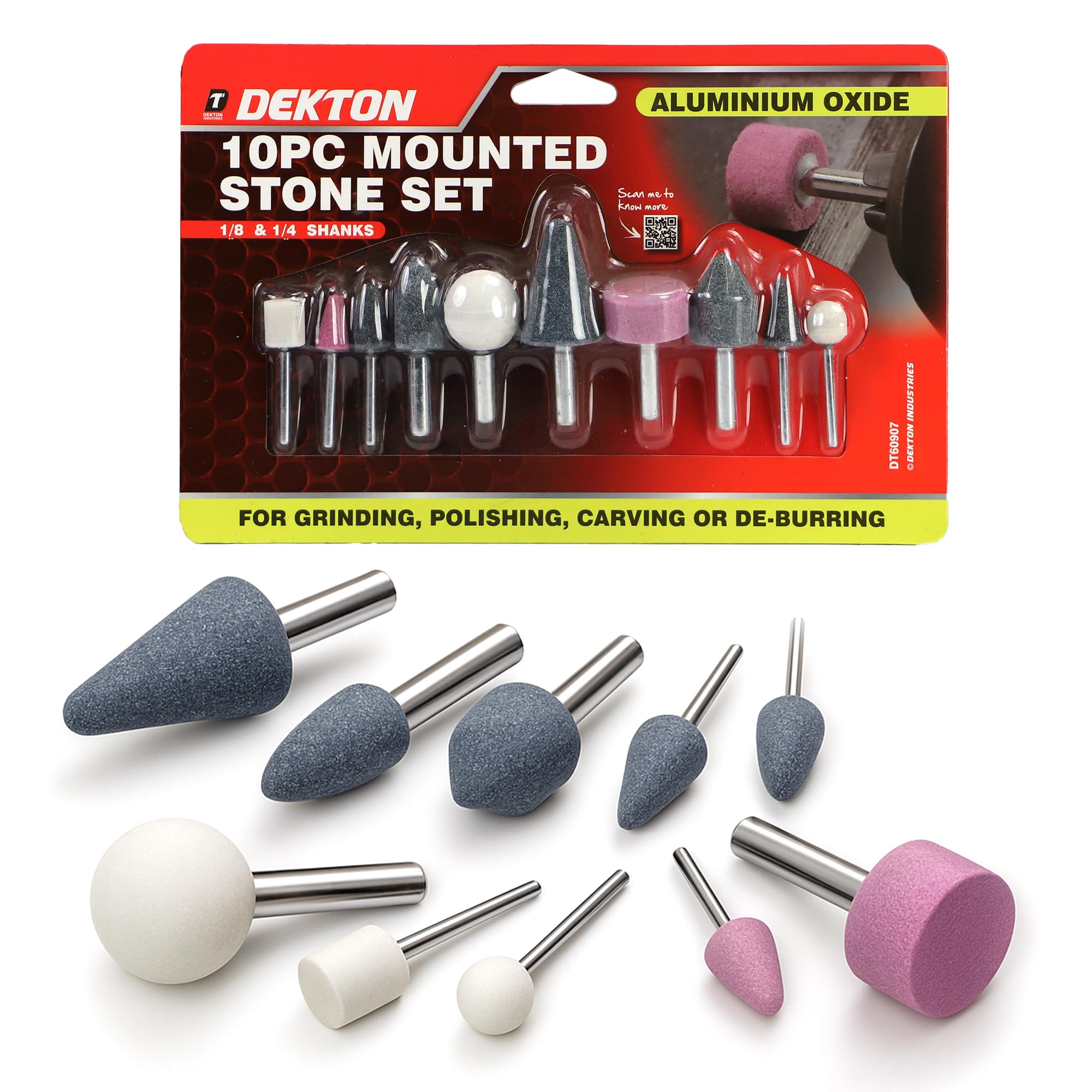 DEKTON 10pc Mounted Stone Set – Aluminium Oxide Grinding & Polishing Bits With 1/8" & 1/4" Shanks – Tree, Cone, Cylinder, Ball & Wheel Shapes – Max 30,000 Rpm For Power & Cordless Drills