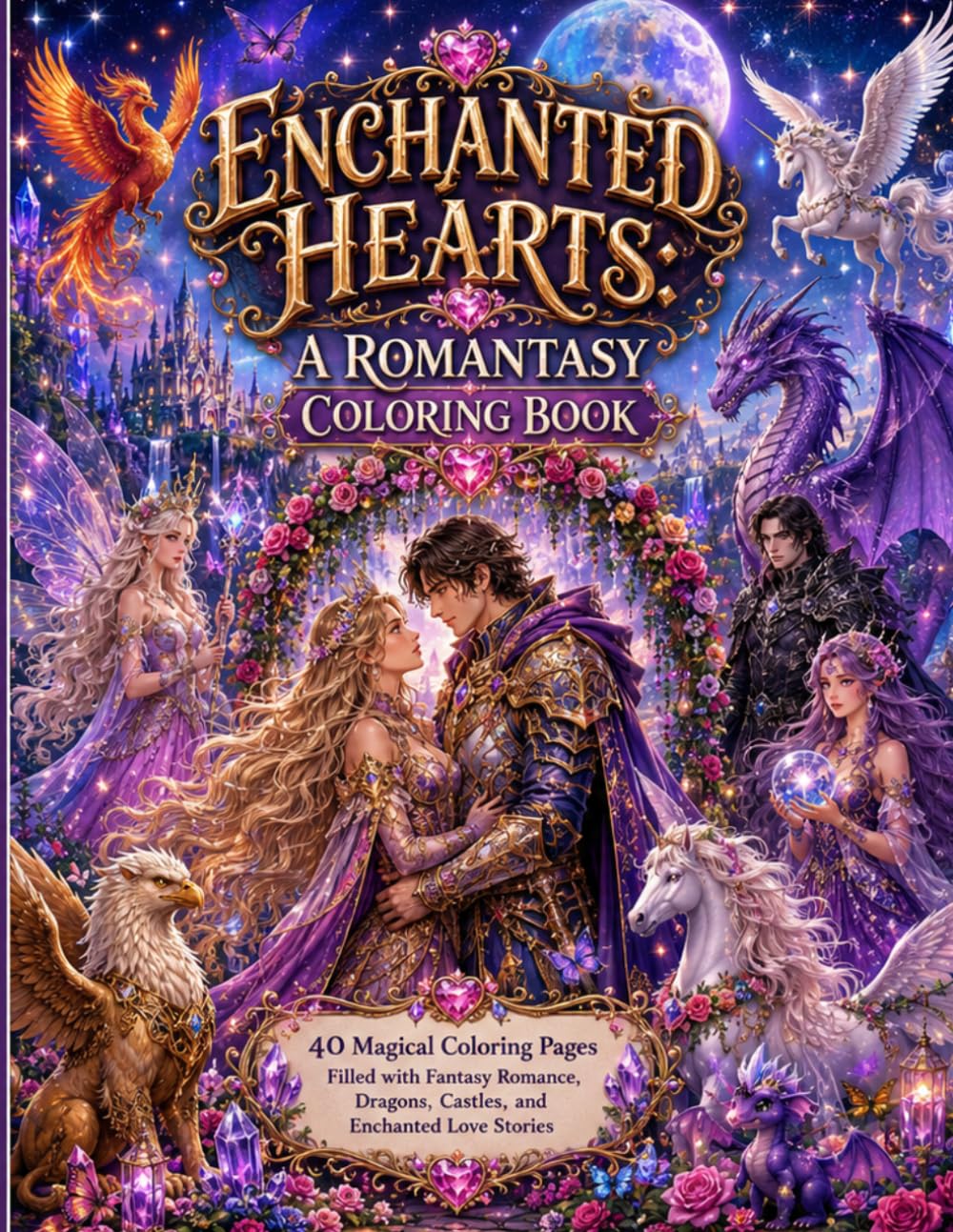 Enchanted Hearts: A Romantasy Coloring Book: 40 Magical Coloring Pages Filled with Fantasy Romance, Dragons, Castles, and Enchanted Love Stories