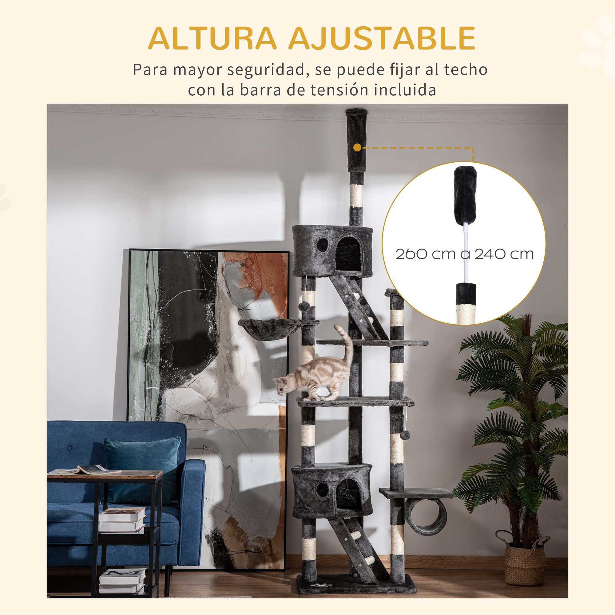 PawHut Árbol para Gatos de Suelo a Techo de 240-260 cm Gris Oscuro | Árbol Rascador para Gatos, Altura Ajustable, Múltiples Plataformas, Cuevas, Cestos y Rampas
