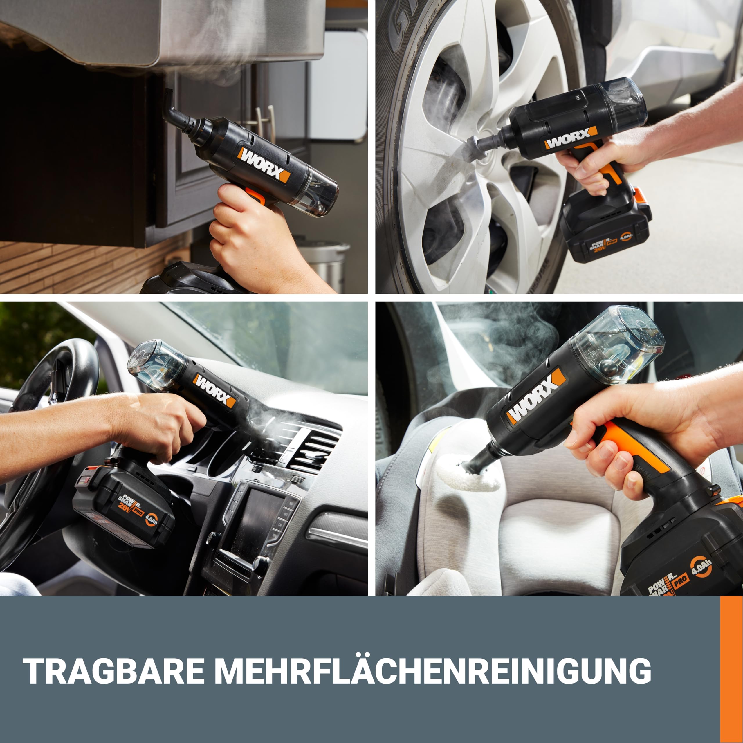 WORX 20V kabelloser Handdampfreiniger WX770.9, ohne Akku & Ladegerät | Dampfreiniger für 220°F, tötet Keime, 8-Sekunden-Vorheizung, leichter und tragbarer Dampfreiniger für Zuhause & Auto, leicht