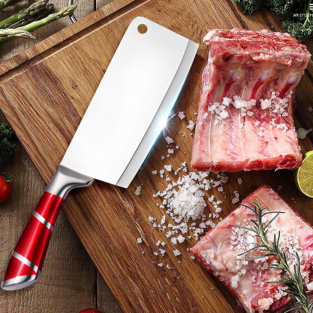 KEPEAK Set de Couteaux de Cuisine 9 Pièces avec Bloc Acrylique Rotatif – Couteaux de Chef Tranchants en Acier Inoxydable avec Fusil à Aiguiser – Pour Couper, Hacher, Émincer – Rouge