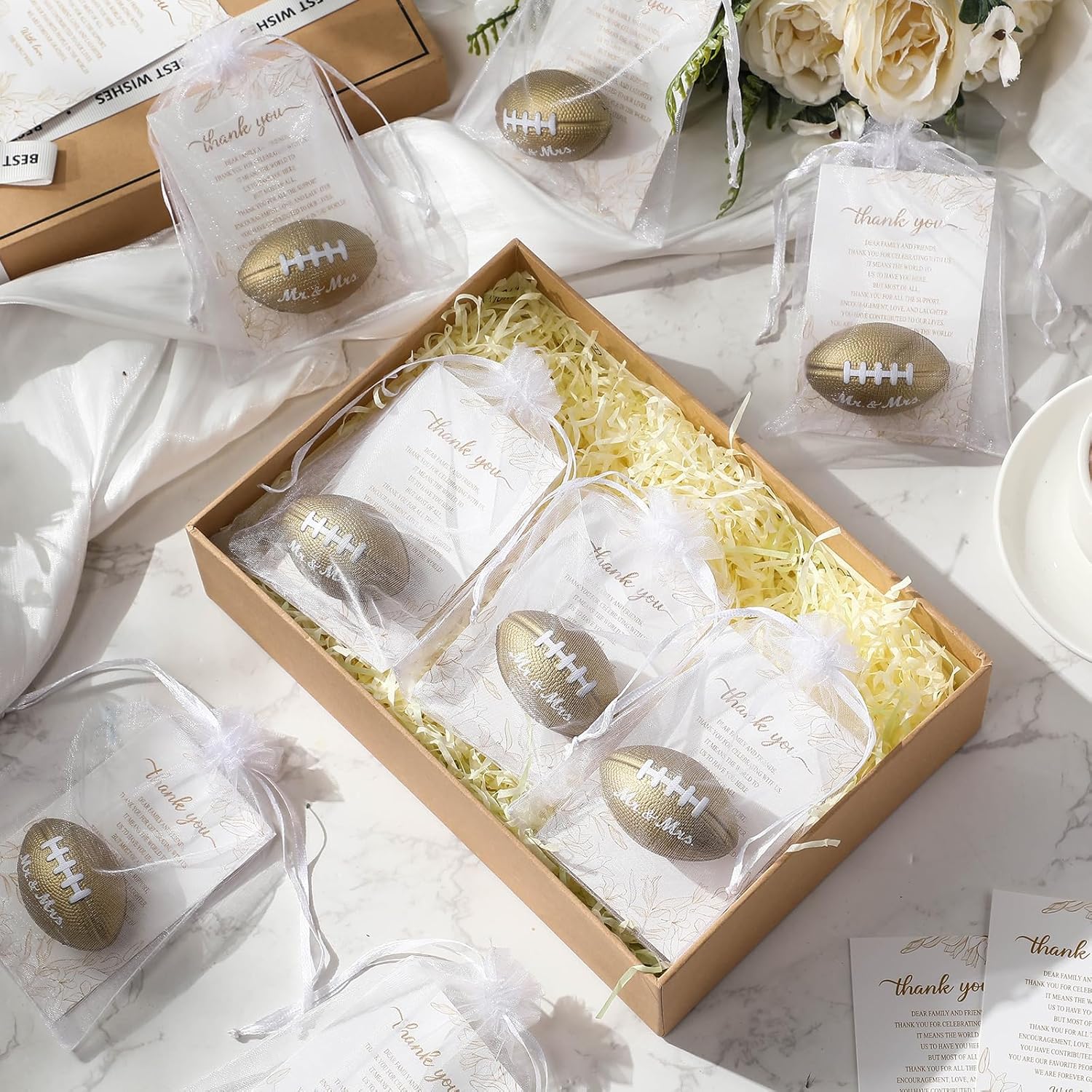 Meooeck 24 Set Mini Wedding Stress Ball Wedding Party Favors for Guests Bulk Mr Mrs Foam Stress Ball with Thank You Cards Organza Bags for Wedding Souvenirs Party Supplies Decorations(Classic Style)