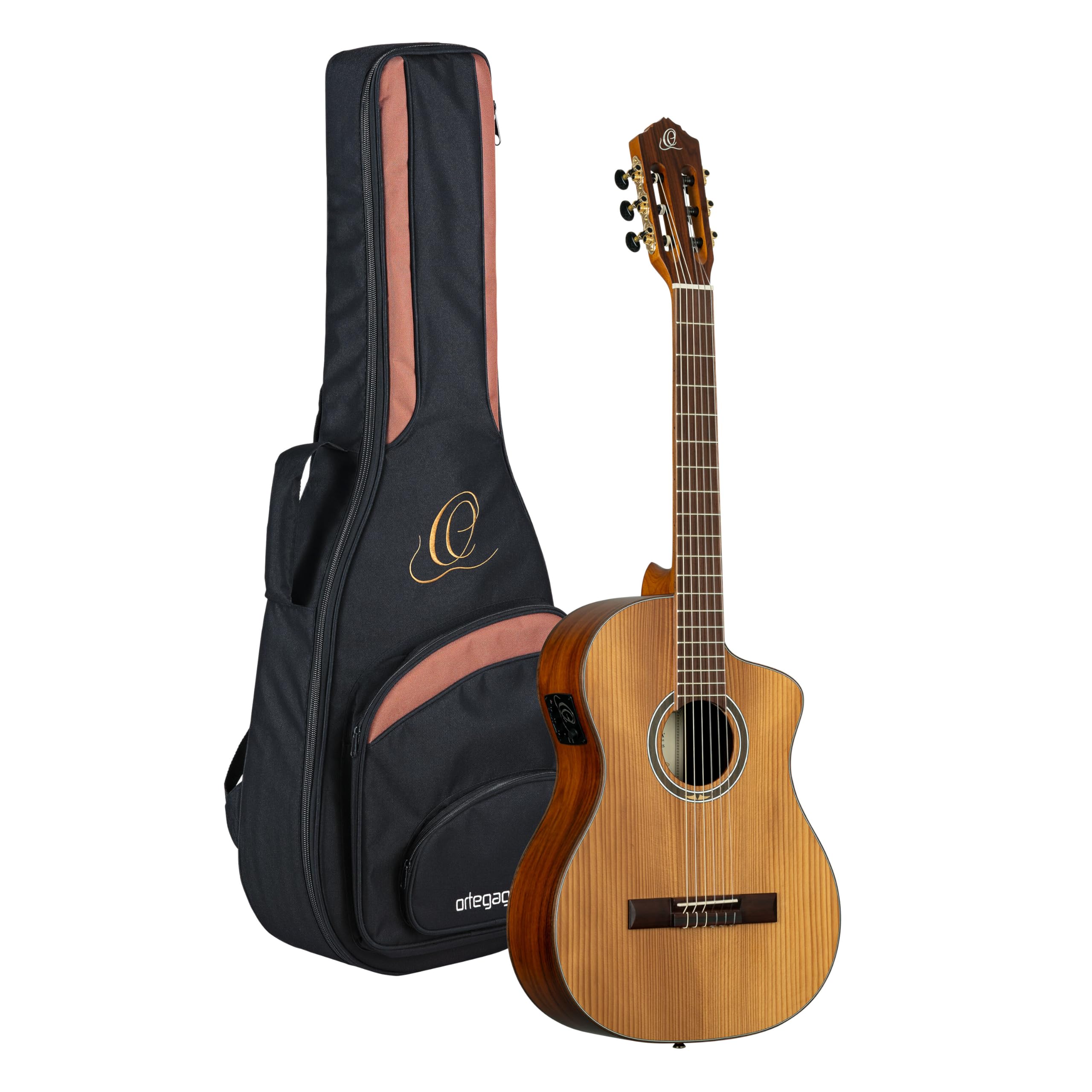 Ortega Guitars Guitarra de concierto tratada térmicamente, cuello extrafino, serie térmica, electroacústica, incluye funda de pícea, Pao Ferro (RCE23RO)