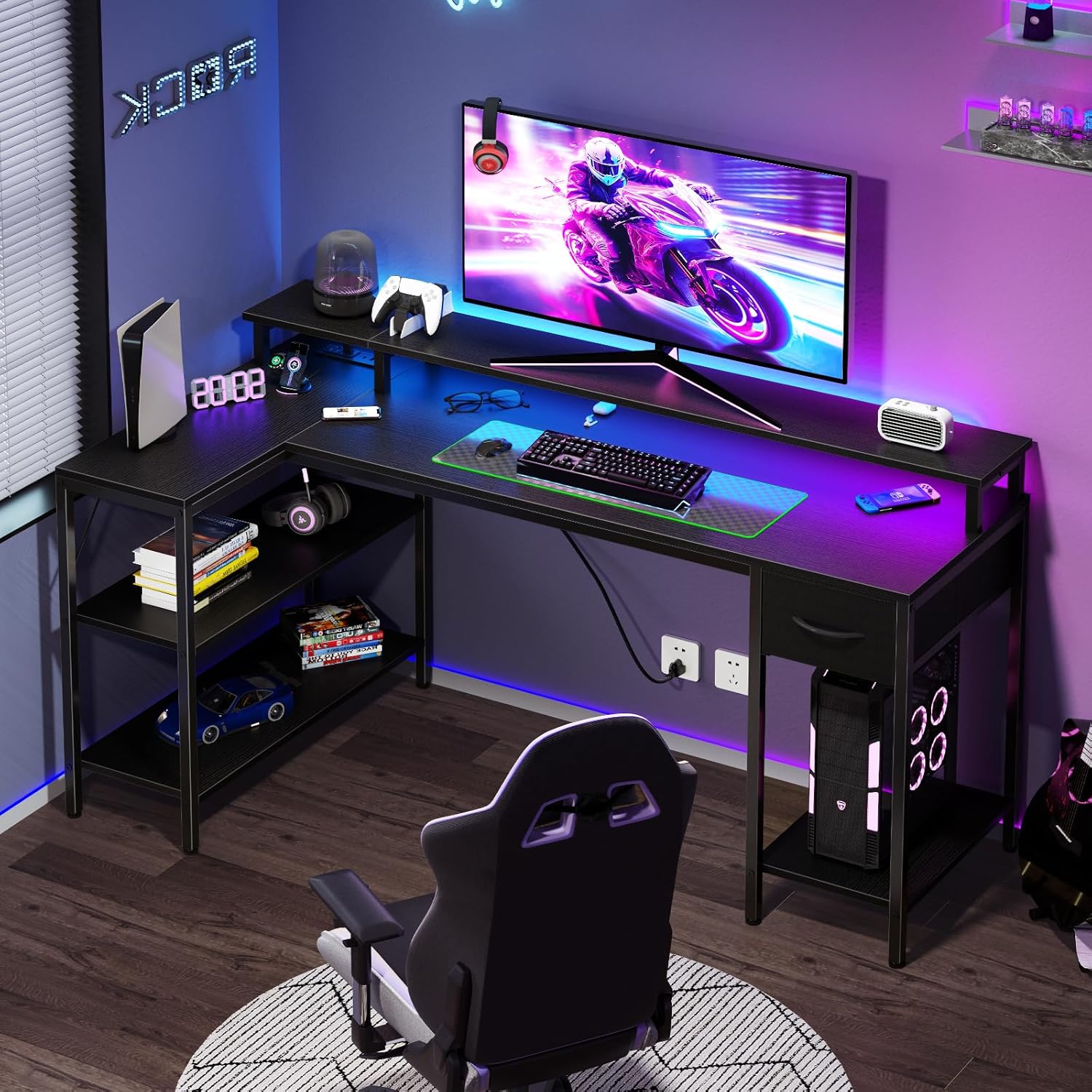 dumos 53” gaming desk with usb charging ports & led lights, reversible l shaped desks computer corner gamer table with power outlets monitor stand storage shelves for home office small space, black black 53 inch