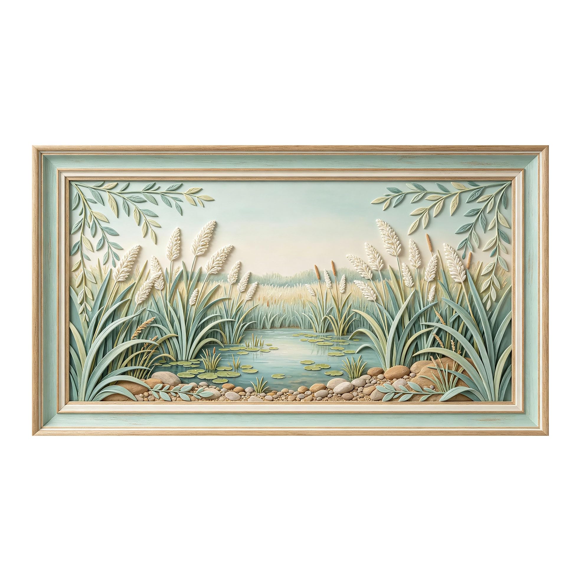 Murasolite 3D Framed Wall Art Lake Meadow Landscape Relief Effect SelfAdhesive Fabric Mural Wall Decor， Peel and Stick No Damage to Wall， AntiFall Safe Design for Bedroom Living Room