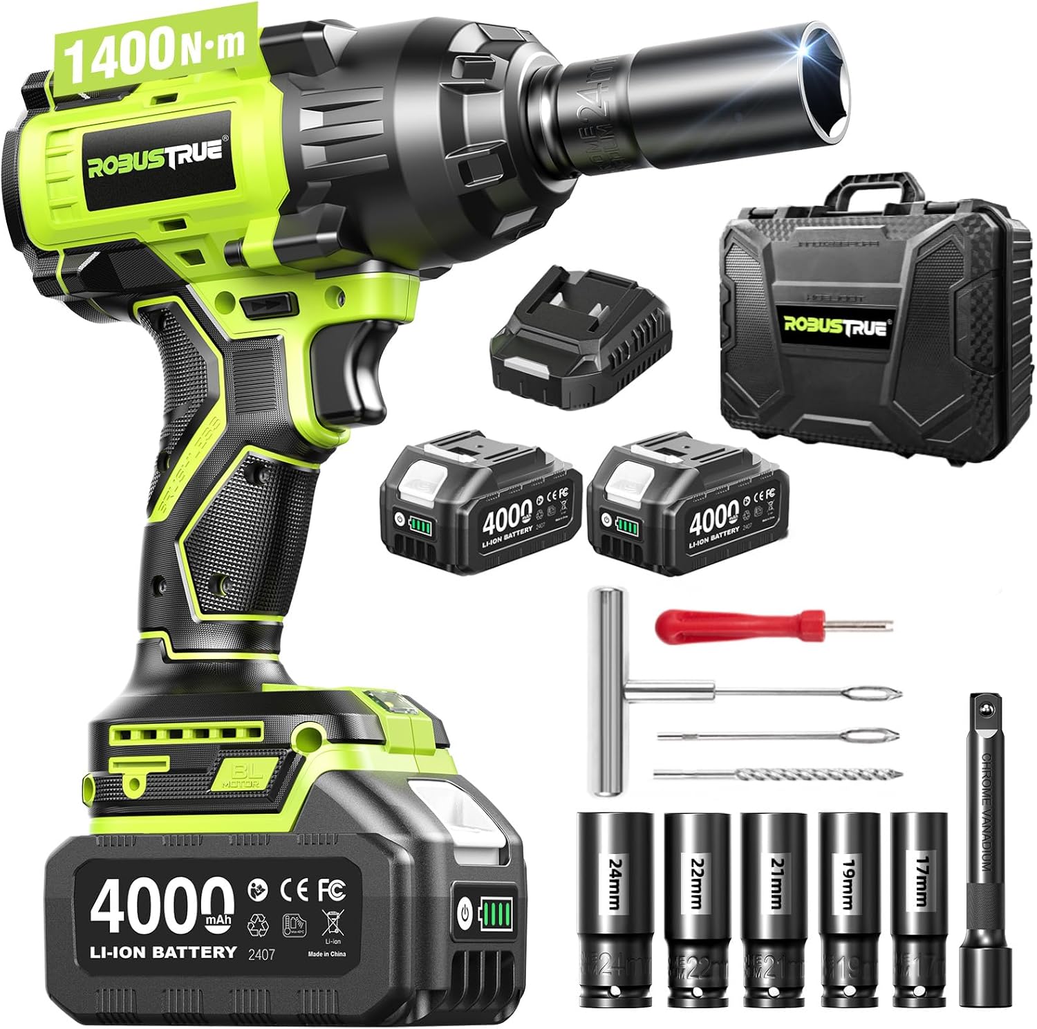 Robustrue 1400N.m (1032ft-lbs) Cordless Impact Wrench, 11Pcs Tire Repair Kit, 1/2" Brushless High Torque Impact Gun, 2x4000 mAh Batteries, Fast Charger, Impact Driver for Car Home/Truck RV/Mower