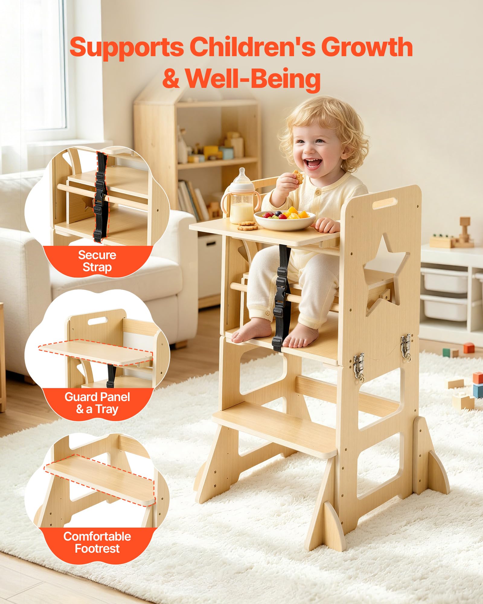 VEVOR Set Tavolo e Sedia Montessori Svezzamento, Seggiolone Multifunzioni | 6 in 1, con Lavagna e Vassoio per la Pappa, Materiale Legno, per Bagno e Bancone Cucina Apprendimento Bambini in Crescita