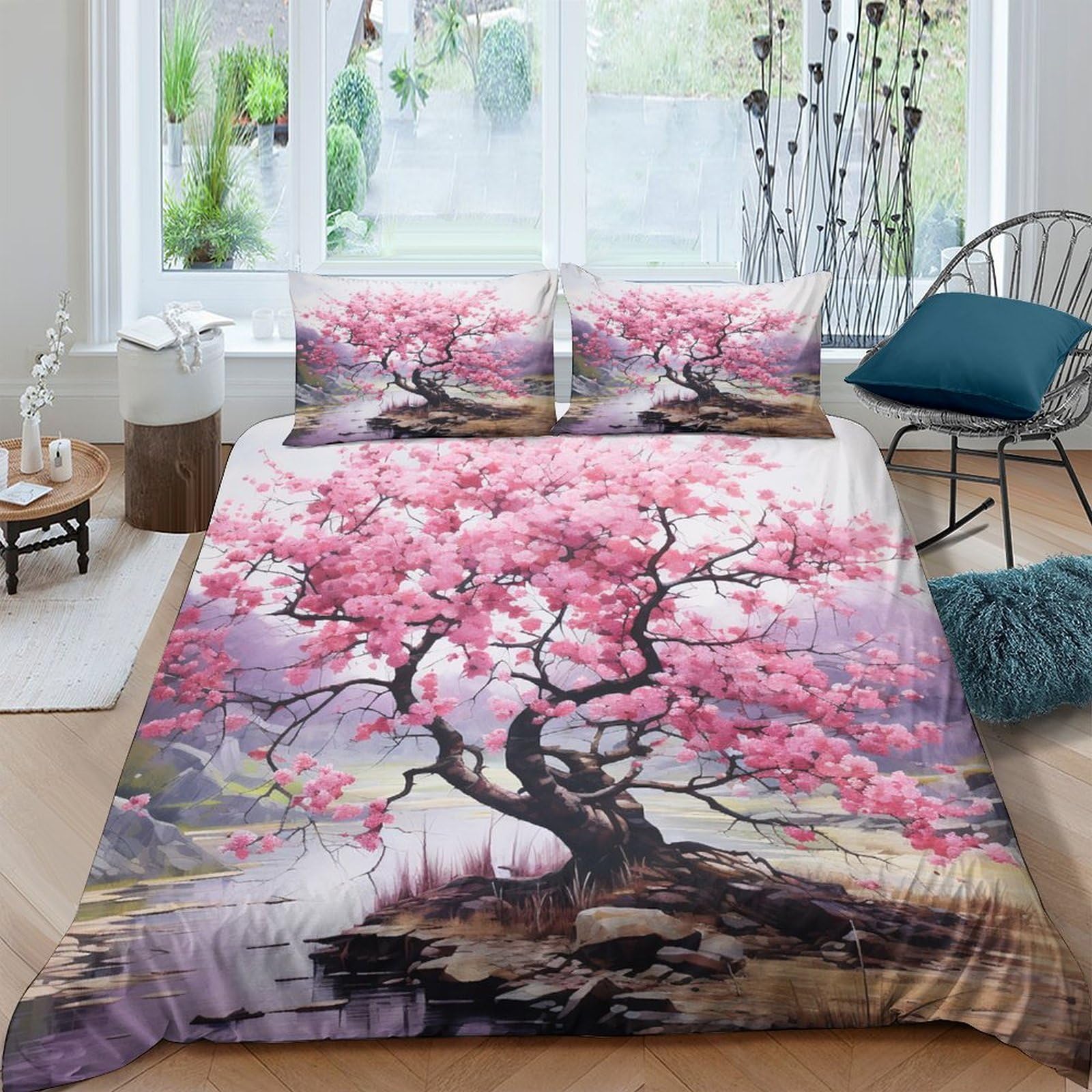 GPLZQXKJNH 3D Printed Cherry Blossom Duvet Cover Set Microfiber Soft Pink Tree Quilt Cover with 2 Pillowcases for Bedroom Decor Single（135x200cm）