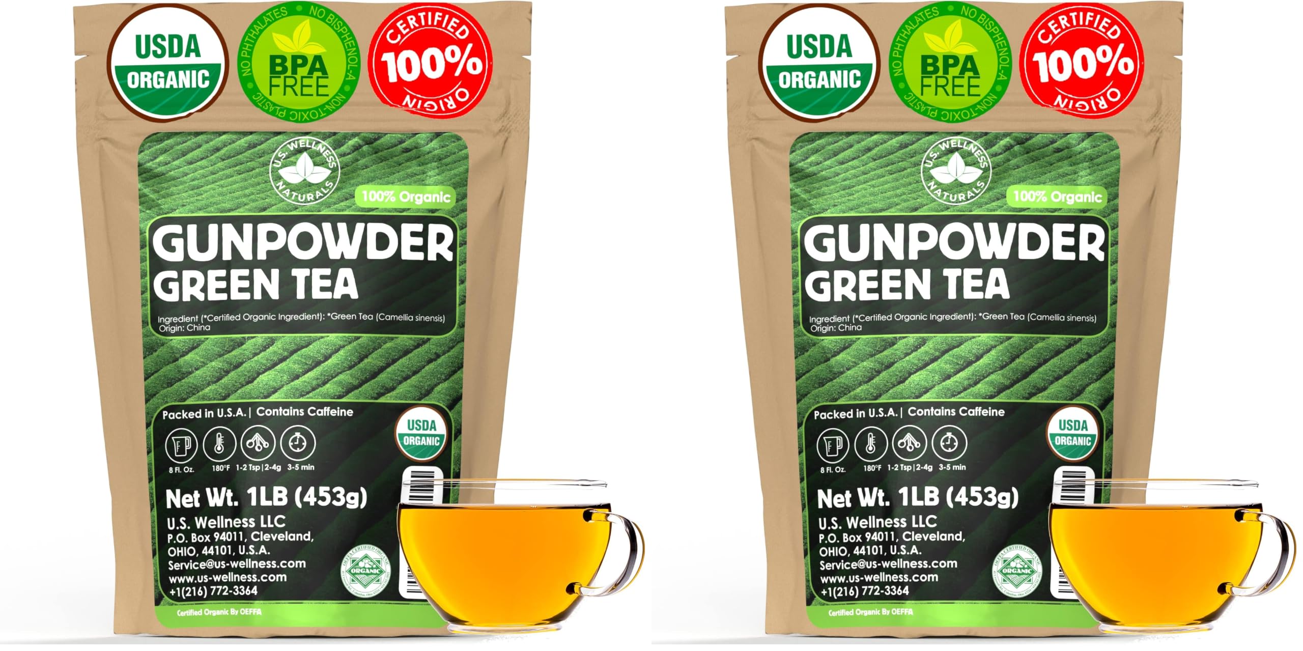 U.S. Wellness Naturals Organic Gunpowder Green Tea | Loose Leaf | Premium Quality | 100% Certified Organic Green Tea |16oz/453g | 200+ Cups (Pack of 2) 16 Ounce (Pack of 2)