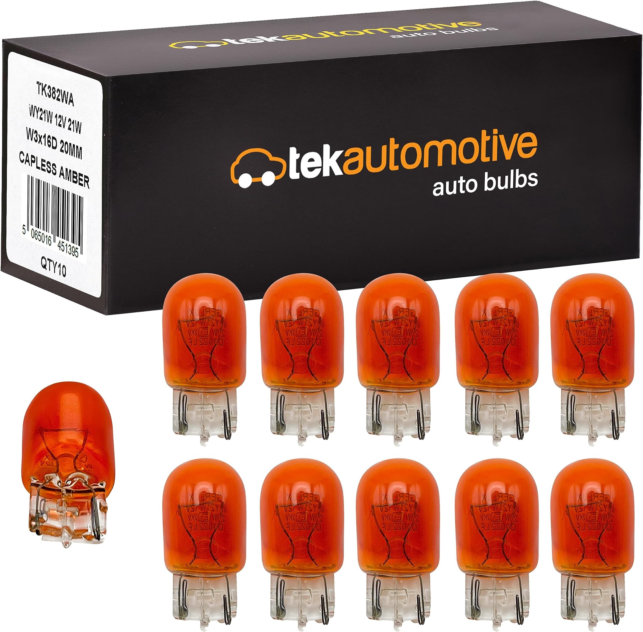 Tek Automotive 958 WY16W Amber Car Light Bulbs, Orange Indicator Bulbs