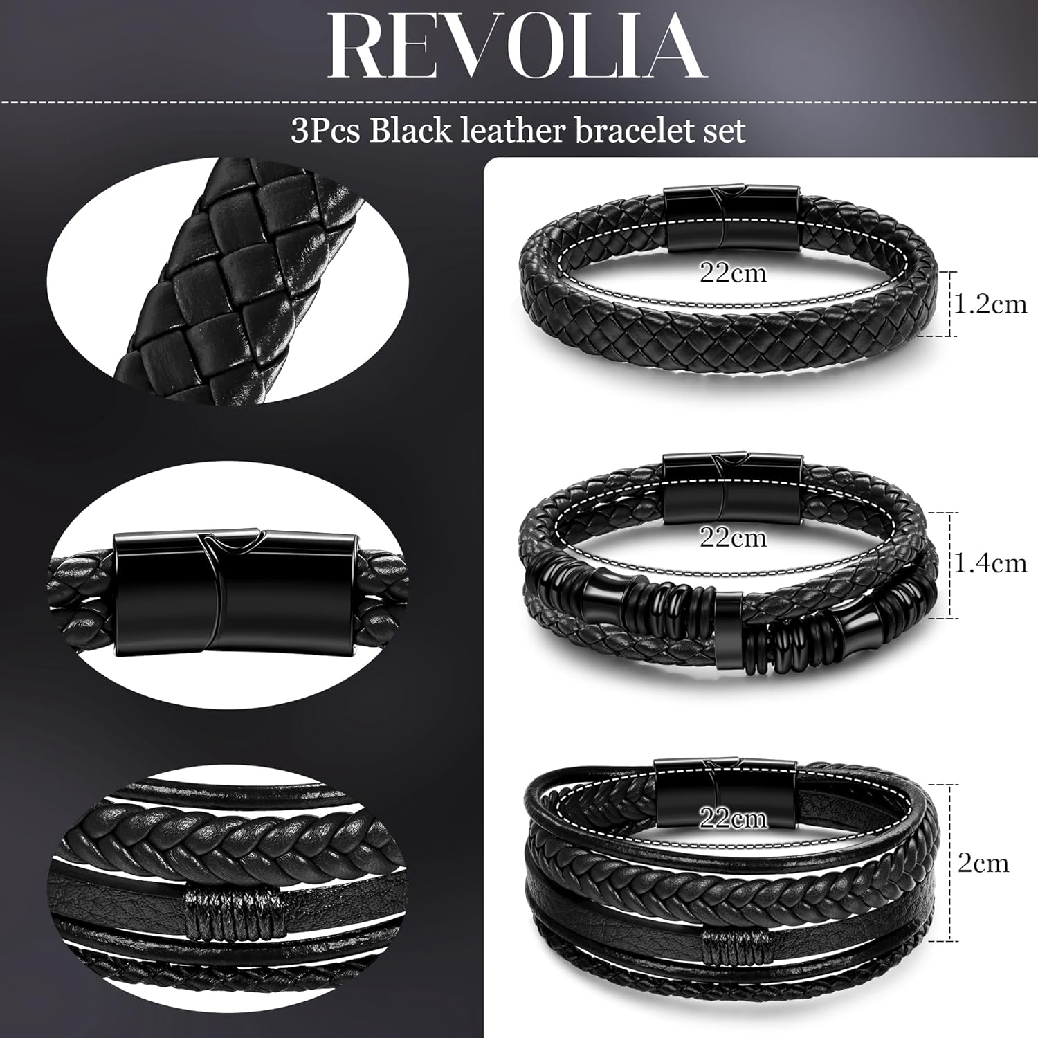 REVOLIA 3Pcs Black Leather Bracelets for Men Women Braided Leather Wristband Cuff Bracelets Multi-Layer Braided Leather Bracelets Set 7.5-9 Inches - Image 2