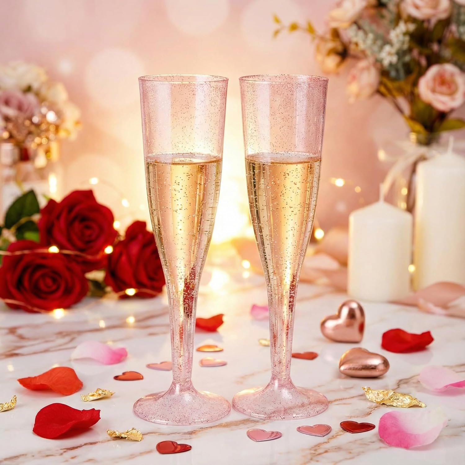 WDF 36 Pack Pink Glitter Plastic Champagne Flutes - 7OZ Disposable Pink Glasses Glitter Champagne Flutes Plastic for Party & Wedding | Glitter, Disposable, Pink Glasses, for Party, Wedding - Image 2