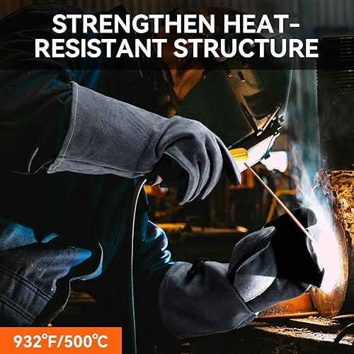Miniatura 6 de OZERO Guantes de soldadura resistentes al calor 932F de cuero de vaca de 16 pulgadas, manga larga y forro aislante, guantes de barbacoa para