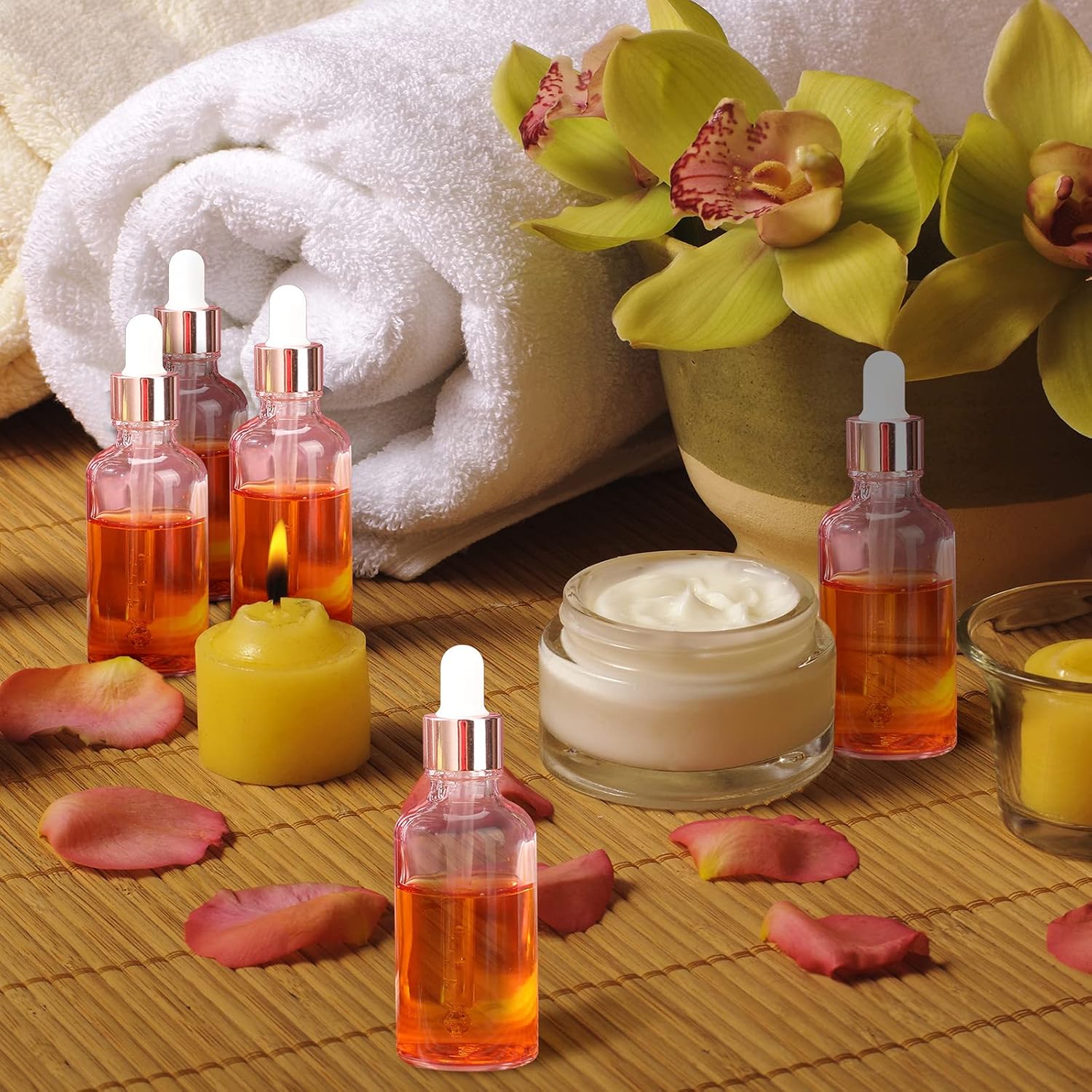 100 Pack 1.7 oz Eye Dropper Bottles Glass Eye Tincture Bottles Empty Oil Dropper Vials with Golden Top Cap for Essential Perfumes Massage Oils with Funnels, Plastic Droppers,30 Pcs Labels (Rose)