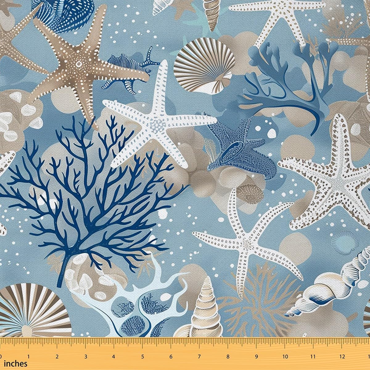 Starfish Fabric by The Yard,Hawaii Sealife Upholstery Fabric,Conch Shell Coral Decorative Cloth for Upholstery,Light Blue Khaki Crafts & Sewing Supplies DIY Fabric,5 Yards,180" L x 59" W