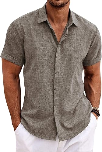 Miniatura 44 de COOFANDY Camisas de lino para hombre de manga corta, camisas casuales con botones para hombre, camisa de playa de verano, camisa para boda