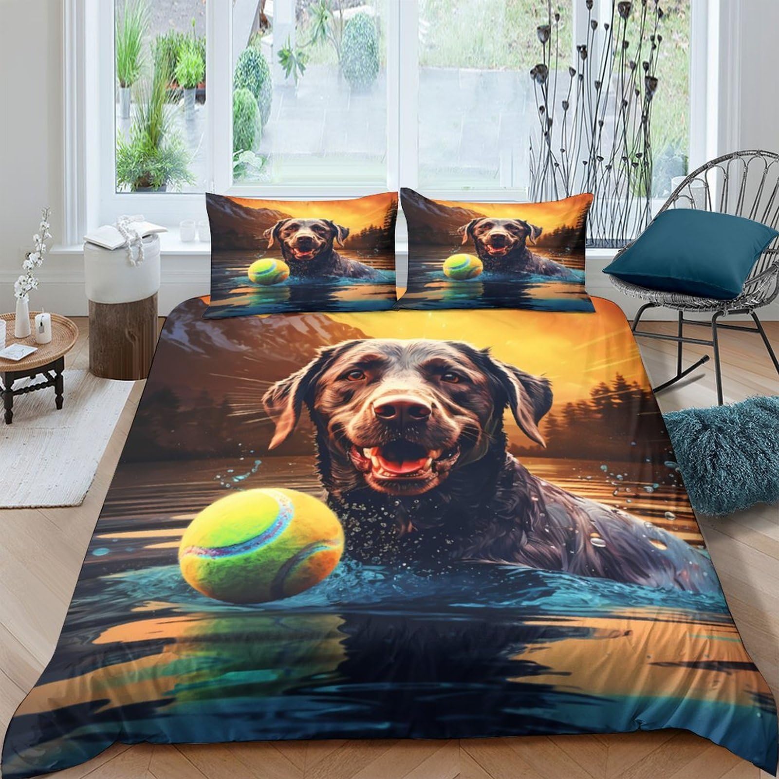 GPLZQXKJNH 3D Printed Labrador Dog Duvet Cover Microfiber Bedding Set with Ball Pattern, 2 Pillowcases, Soft for Bedroom Decor Single（135x200cm）