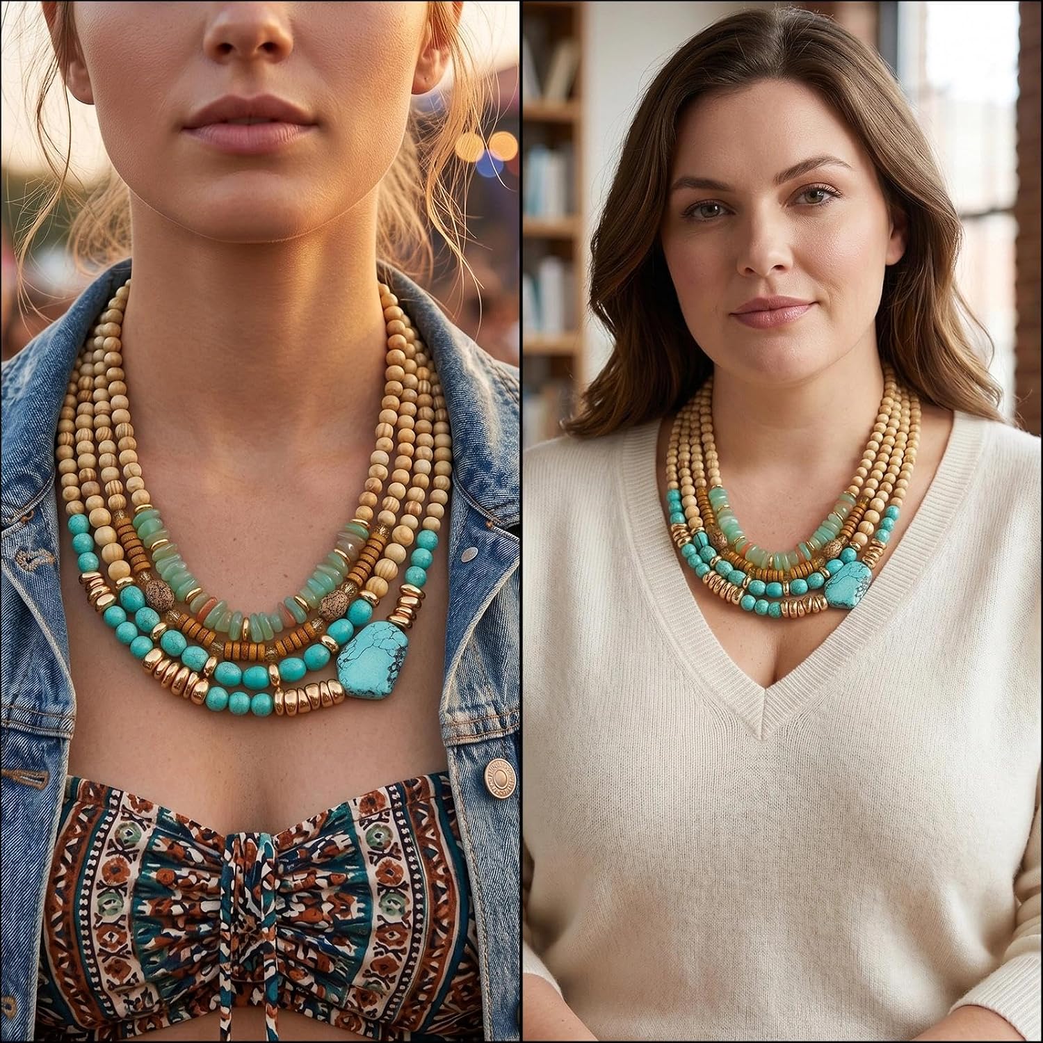 Boho Beaded Turquoise Necklaces for Women Statement Charm Necklace Vintage Handmade Bohemian Necklace Fashion Gifts