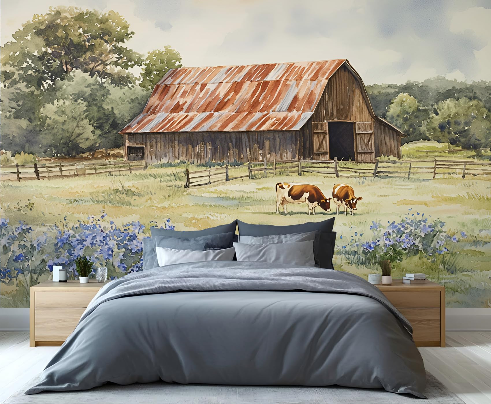 YXQAIED French Country Wallpaper, Farmhouse Bedroom Wall Paper, Not Self Adhesive Farm Animals Wallpaper for Living Room, Forest Floral Apartment Wall Murals & Room Decor, 366x254cm