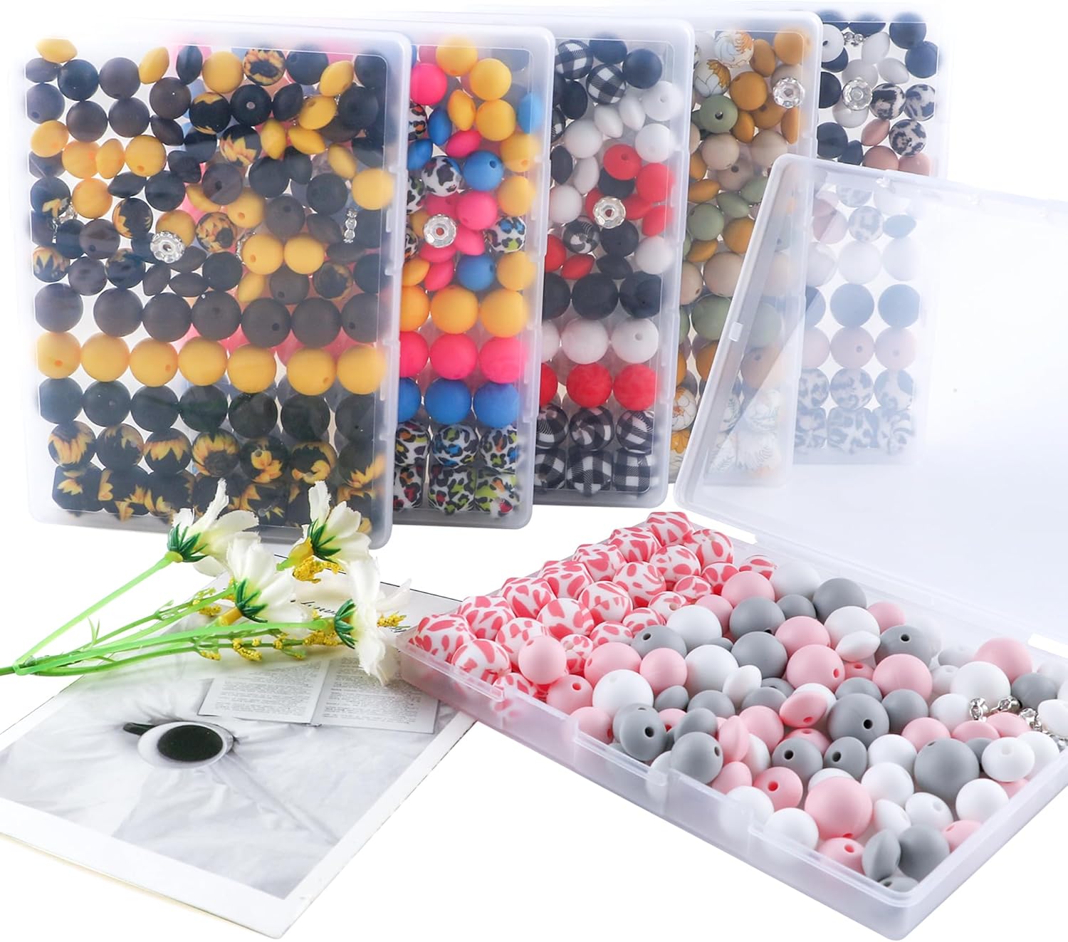 117Pcs 12mm 15mm Silicone Beads for Keychain Making,Floral Print Round Hexagon Print 10mm Rondelle Rhinestone Spacer Lentil Silicone Beads for Pens - Image 7