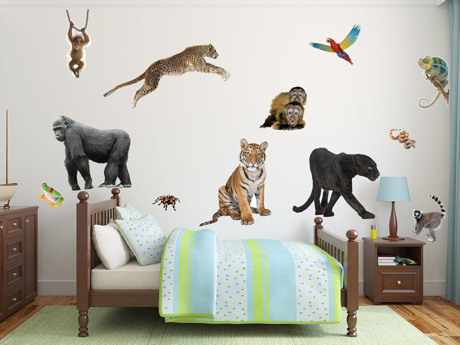 Jungle Animal Wall Set | Tiger, Gorilla, Panther, Birds and Other Jungle Animals | Removes from Wall Leaving no Damage | Fun Stickers for Any Nursery, Bedroom, Playroom or Classroom