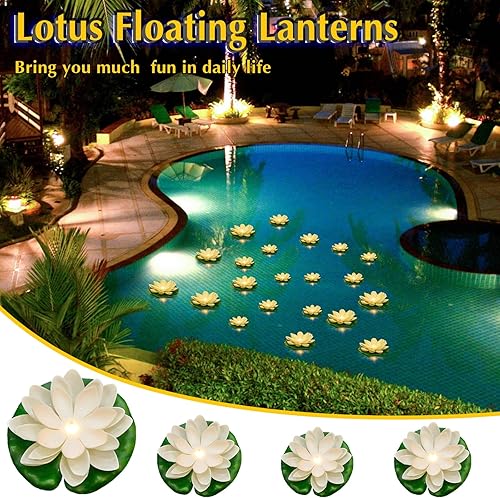 Miniatura 5 de Liliful 36 luces flotantes de loto, flores flotantes artificiales realistas para piscina con luces LED, almohadillas de lirio a pilas, faroles de
