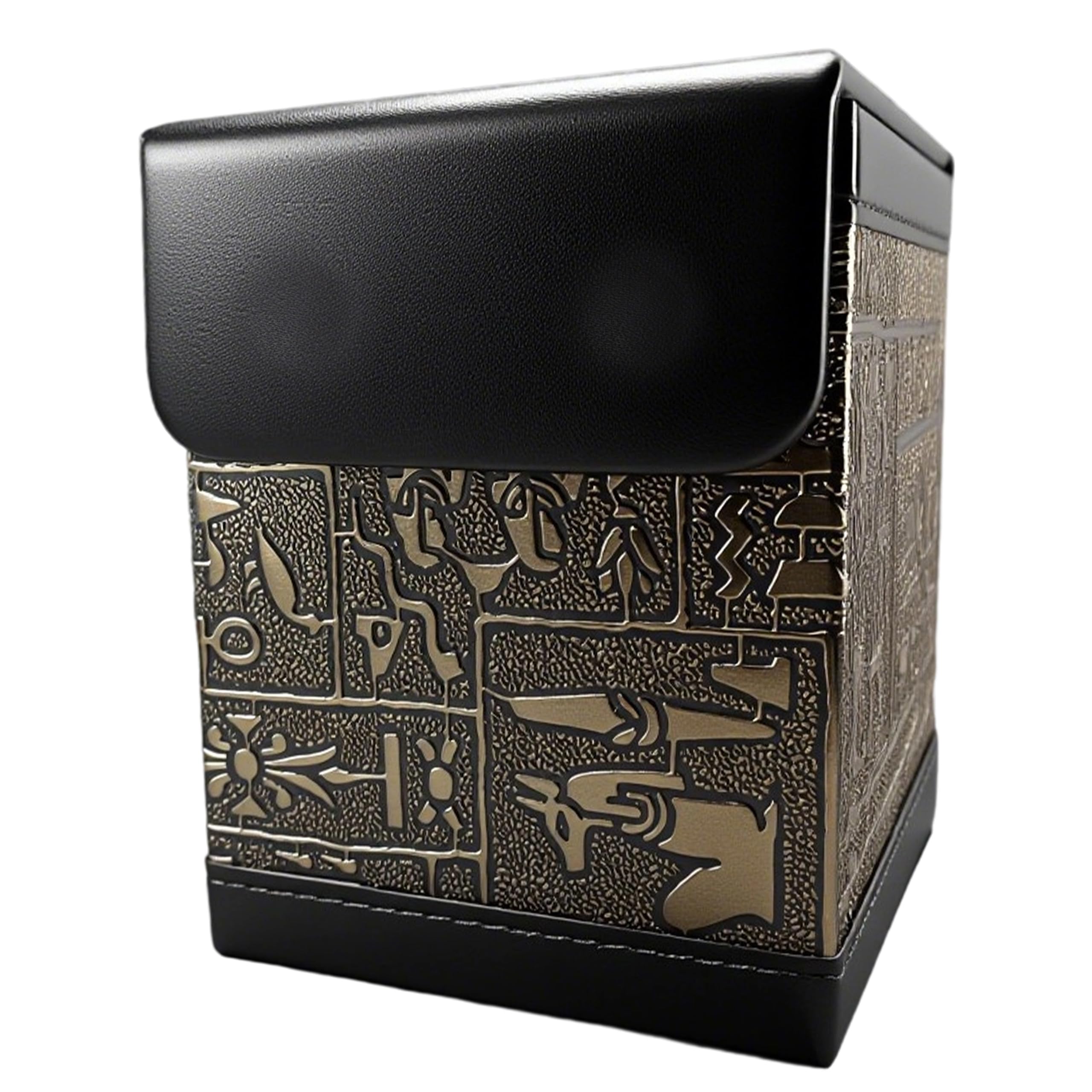 ancient egyptian embossed deck box for yugioh and mtg cards - ultimate guard style with double-magnet opening, holds 100+ cards (black), exact product listing photograph