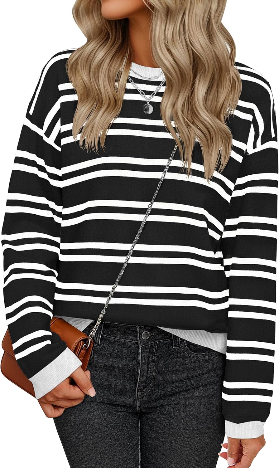 YUCOLEN Womens Striped Sweaters Casual Crewneck Long Sleeve Knit Pullover for Fall Winter