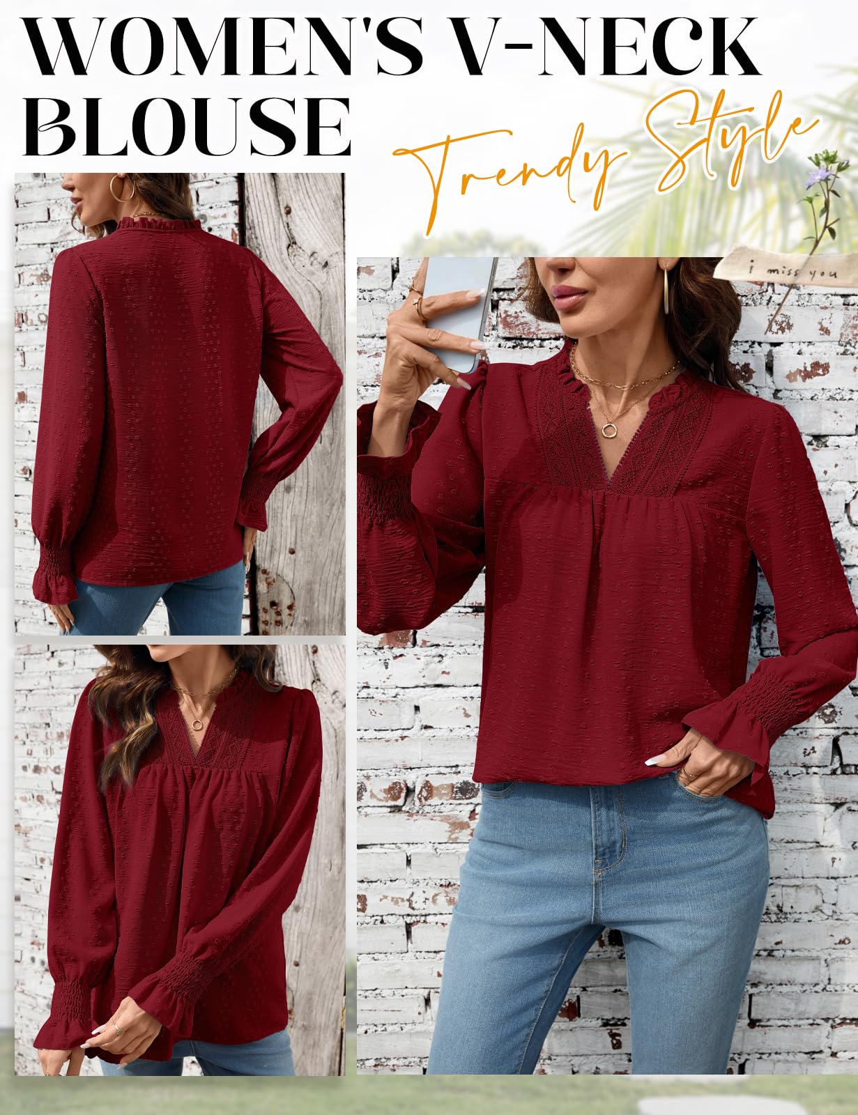 HEEKPEK Chemisier Femme Chic et Élégante Boheme Blouse Manche Longue Col en V Haut Femme Dentelle Printemps Été Automne Chemise Léger Tunique Top Décontractées Poignets à Volants