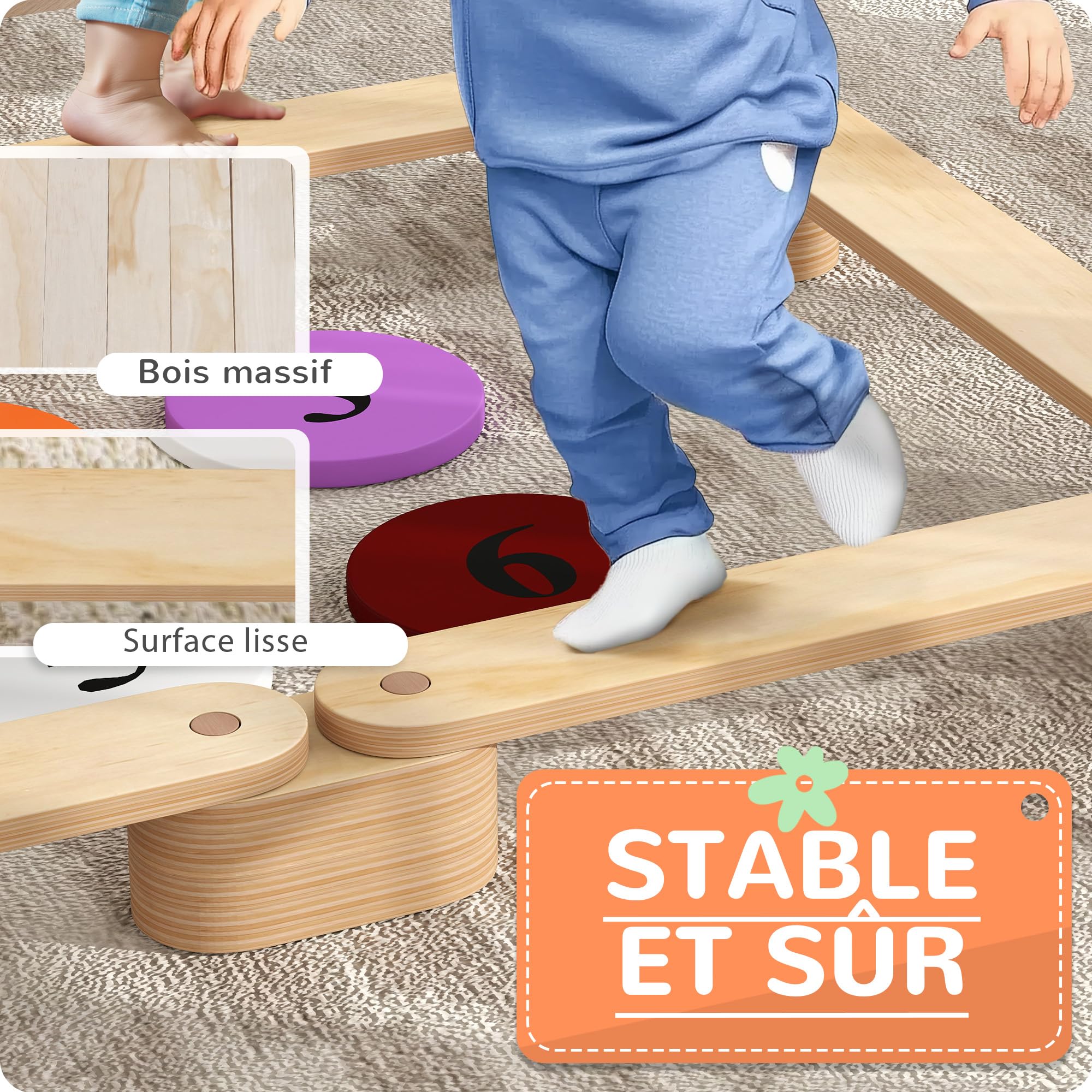 AIYAPLAY Poutre d'Équilibre pour Enfants, Modulable, Bois Massif de Pin, Parcours de Motricité, 6 Pièces pour Intérieur et Extérieur, Jouet Montessori d'Entraînement d'Équilibre, Charge 50 kg, Naturel