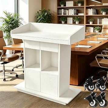 Podium Stand with Wheels Wooden Podium Stand, Floor Standing Speaking Poidum Lectern Stand, Church Pulpit with Storage, Pulpits Stand Church Pulpit for Conference, Office, School,White