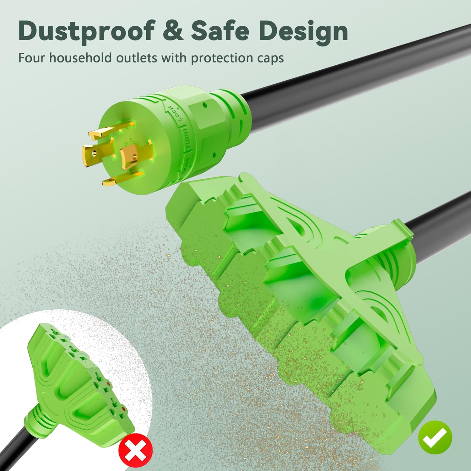 30 Amp to 20 Amp 110V Generator RV Cord 15FT, 4 Prong NEMA L14-30P to NEMA 4X 5-20R/5-15R Household Distribution Outlet, with Dust Protection Caps, Twist Lock Plug, ETL Listed, 10AWG, STW 10AWG*4C