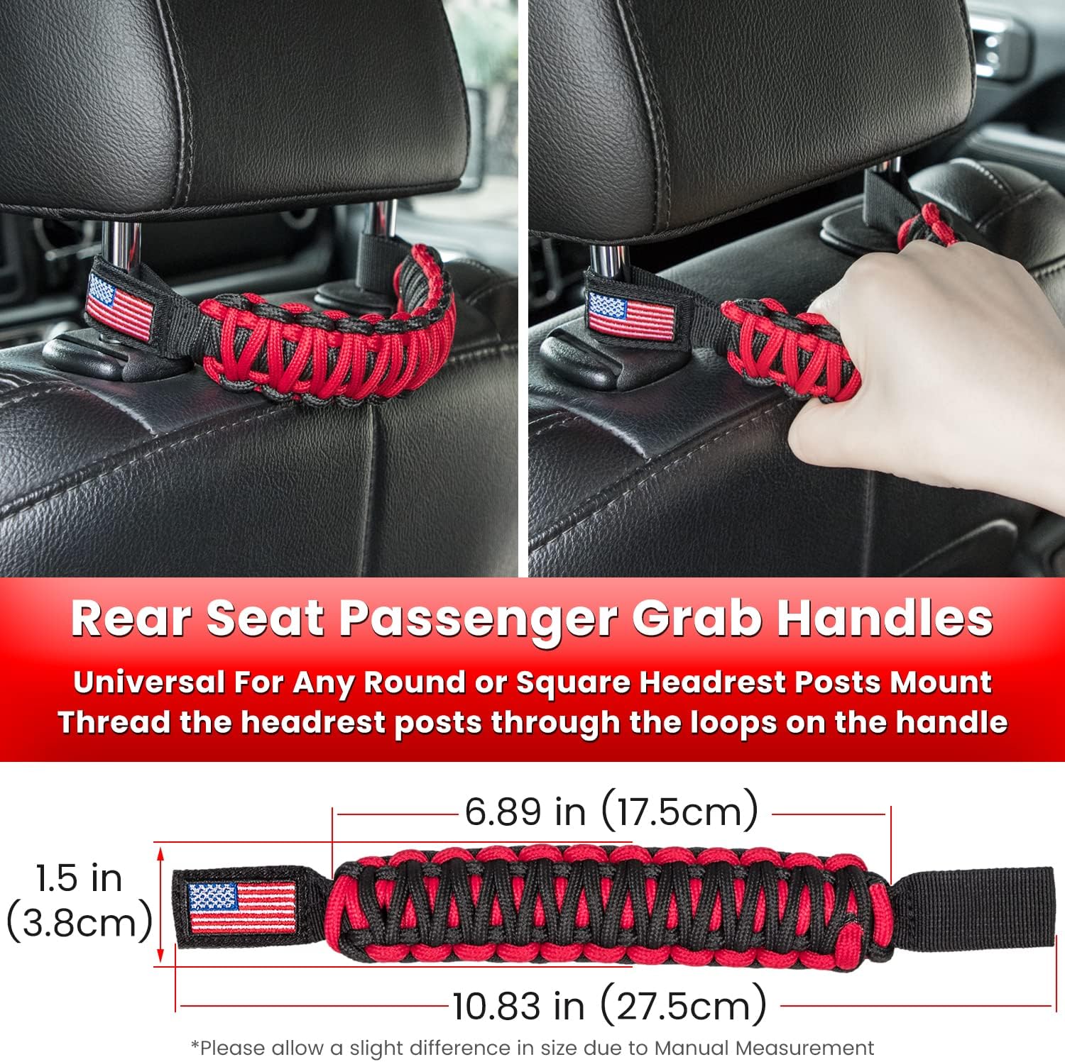 Roll Bar Grab Handles+Headrest Grip Handle for Jeep Wrangler YJ TJ JK JKU JL JLU Sport Sahara Freedom Rubicon Unlimited X Gladiator JT 1955-2023 UTV ATV Premium Paracord US Flag (Red 4 Pack)