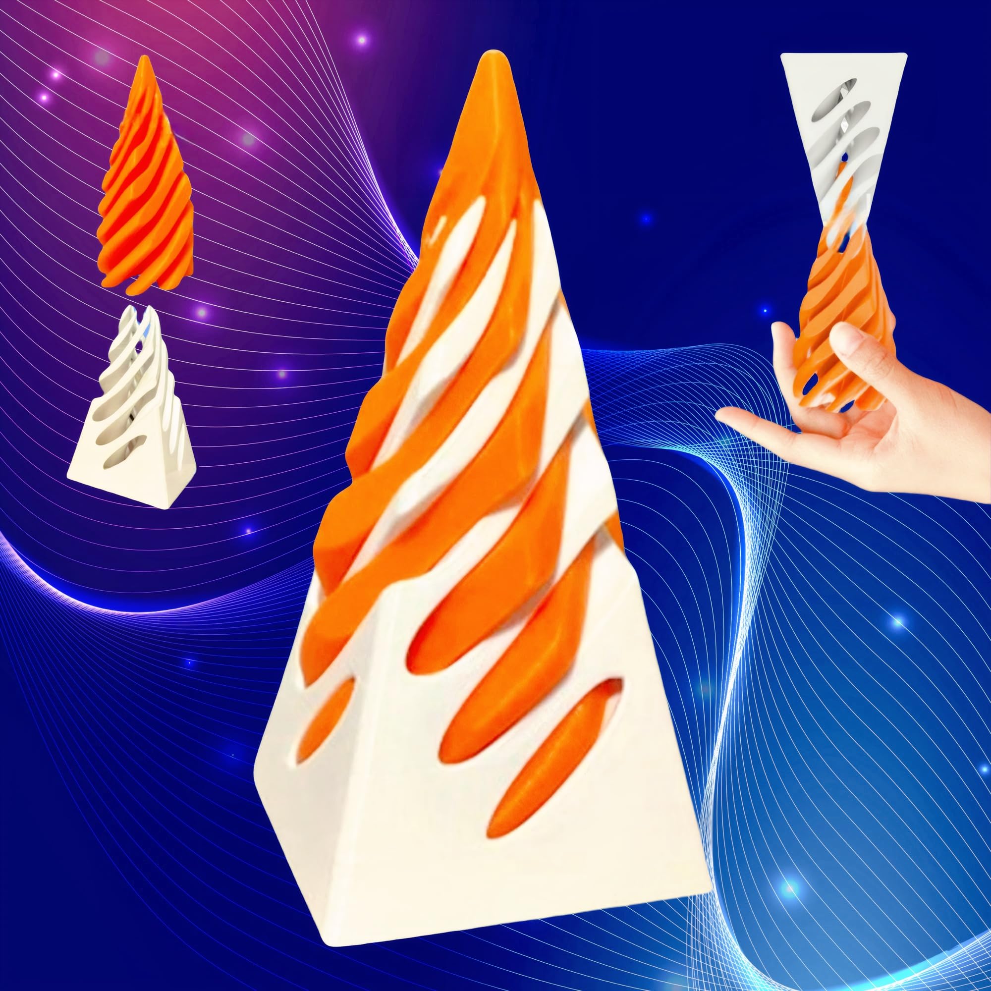 ORALEAFSpiral Cone Fidget Toy,Impossible Pyramid Passthrough Sculpture,3D Printed Stress Relief Toy (A)