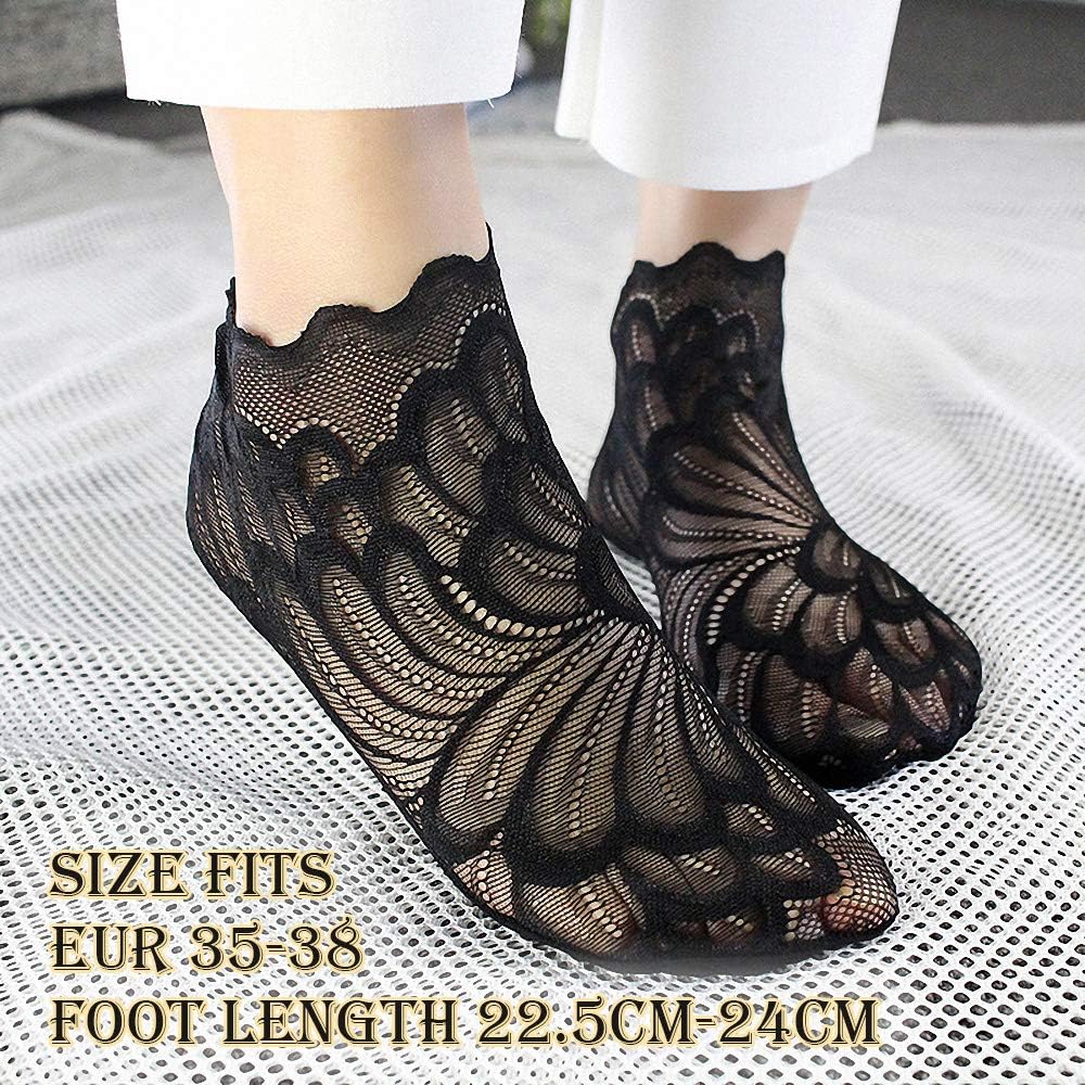 Women Sheer Transparent Lace Embroidery Panel Crystal Sparkly Socks 5 Pack