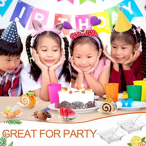 Miniatura 5 de Meanplan Paquete de 300 mini platos desechables de plástico transparente para postre con 150 tenedores de plástico y 150 cucharas para platos de