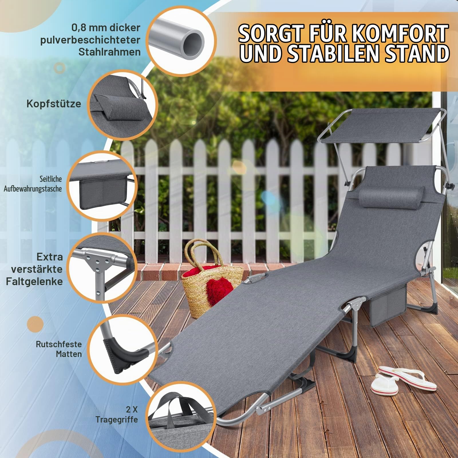 Soontrans Sonnenliege mit Dach, Gartenliege mit Kopfkissen & Tragegriffe & Seitentasche, Extra Breiter Liegefläche, Verstellbare Rückenlehne & Sonnenschutz, Sonnenliege klappbar für Strand (Anthrazit)