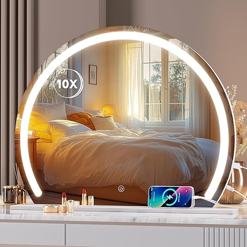 Hasipu Vanity Mirror with Lights, 22.8" x 18.1" LED Makeup Mirror, Lighted Makeup Mirror with Lights, Smart Touch Control 3 Colors Dimmable Mirror 360°Rotation USB Port White