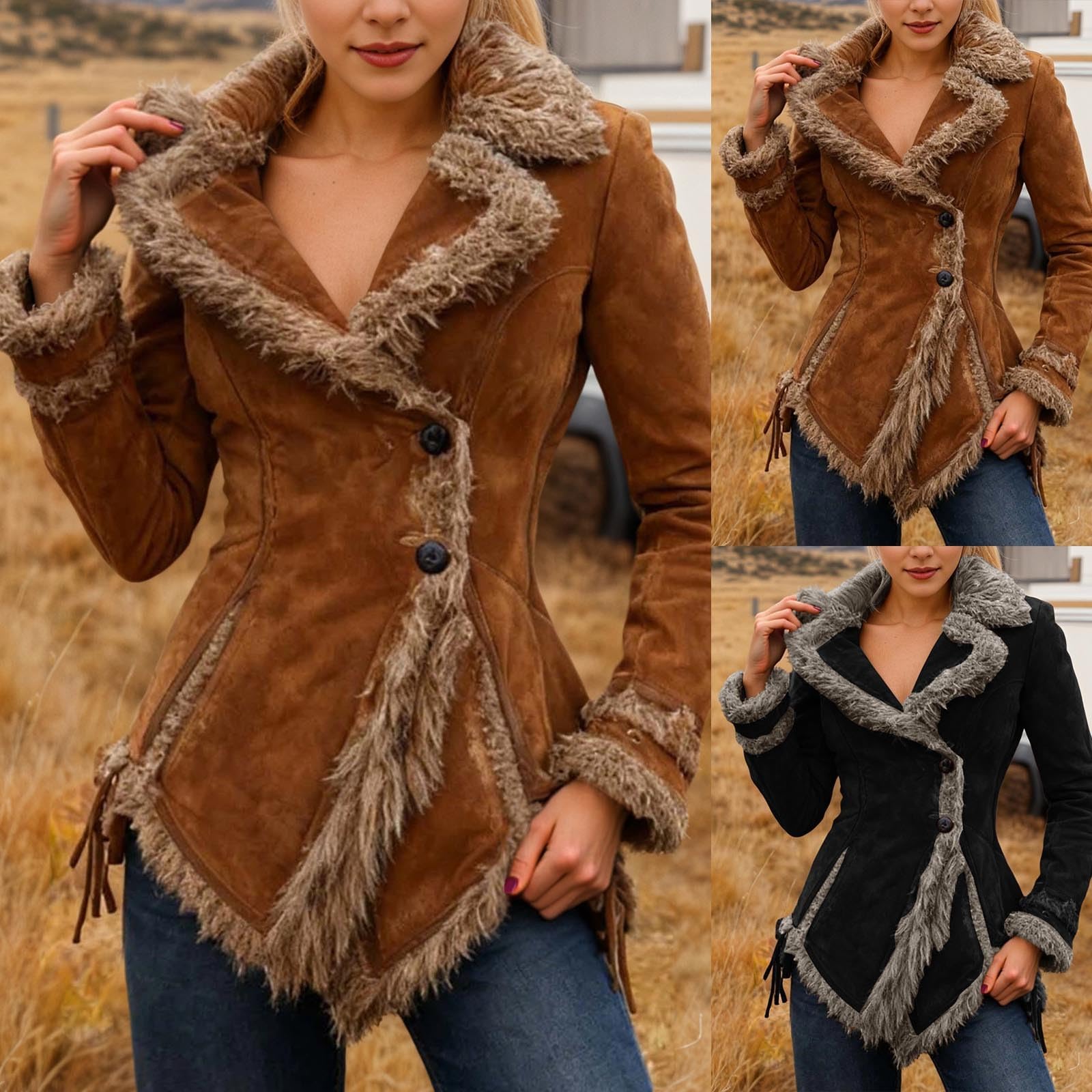 Veste en daim pour femme - Longue veste d'hiver chaude doublée - Veste polaire à revers - Manteau d'hiver épais - Trench épais - Col rabattu - Peluche - Manteau en fourrure synthétique - Veste en cuir