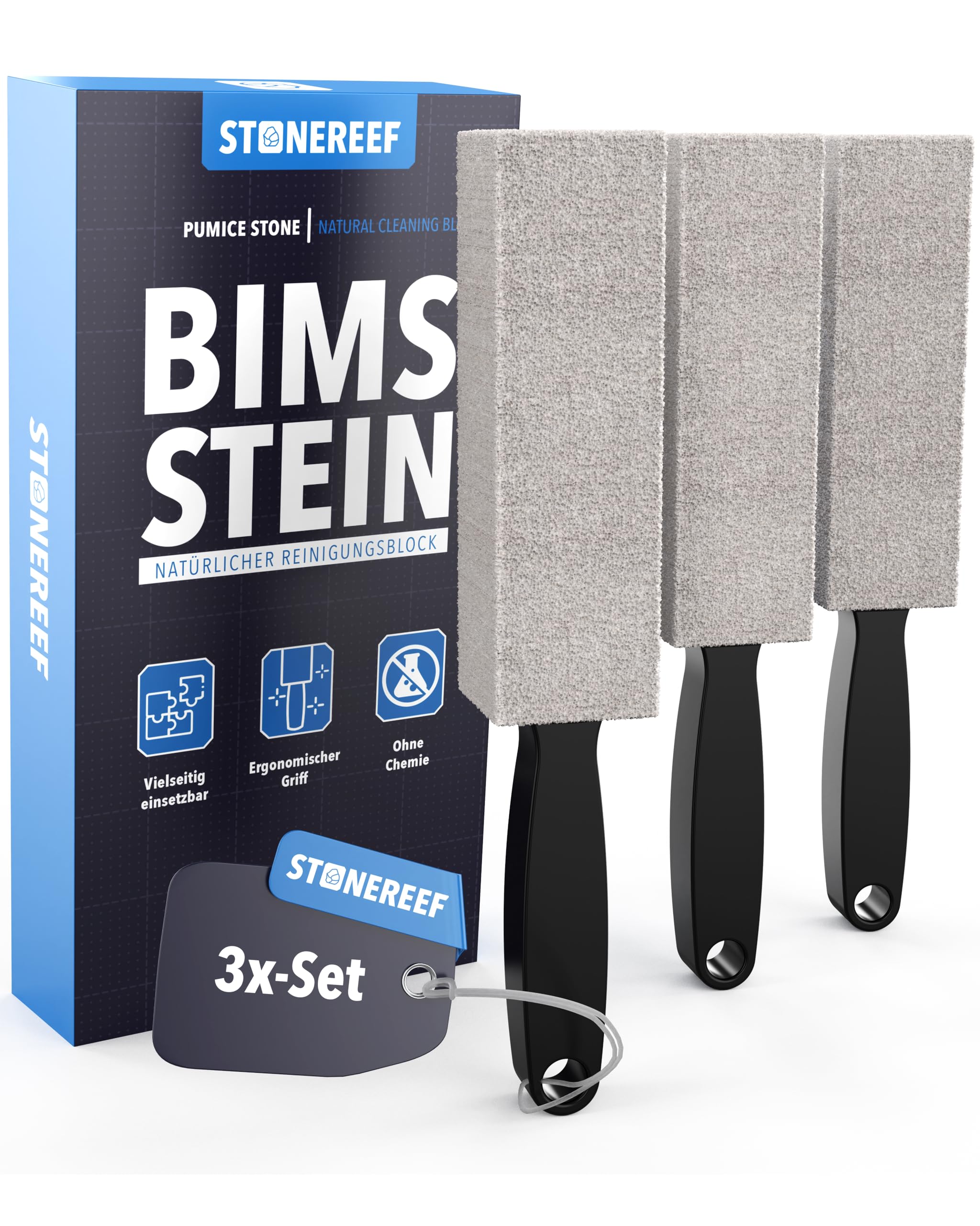 Urinsteinentferner extra stark [3x Bimsstein Toilettenreiniger mit Griff] Reinigungsstein Toilette gegen Urinstein, Kalk & Braunstein – WC Bimsstein für randlose Toiletten – natürlich & ohne Chemie