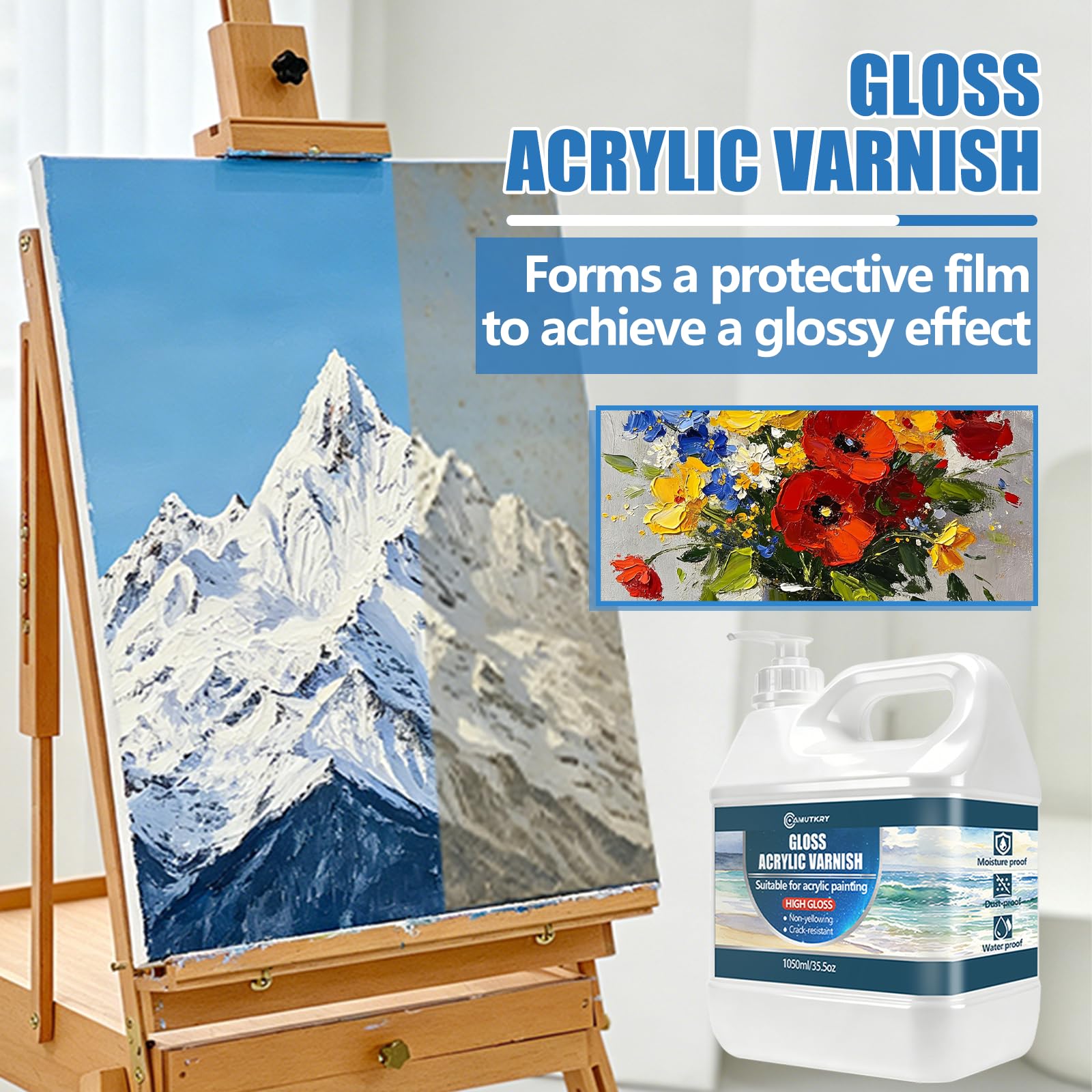Barniz acrílico brillante grande con bomba, sellador transparente de alto brillo para pinturas acrílicas, secado rápido, a base de agua, no tóxico, protección UV y amarillento