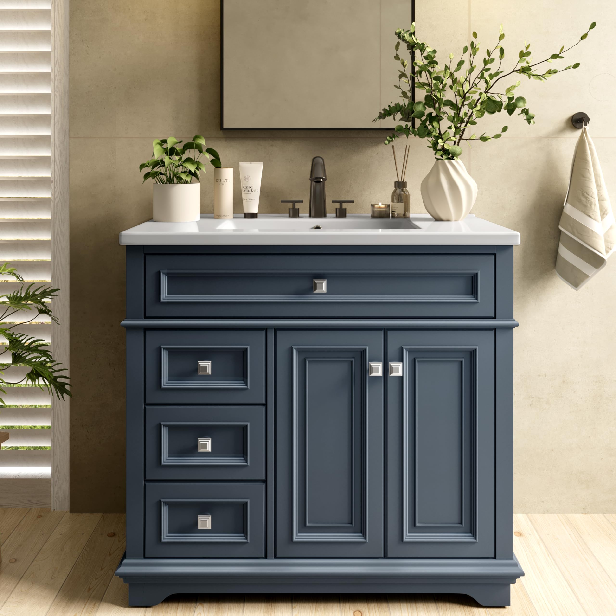 Photo 1 of Alphabath 36 Inch Bathroom Vanity with Sink, Solid Wood Bathroom Cabinet with Nano Clean Integrated Sink, Soft Closing 2 Doors & 2 Drawers, Easy Assembly, Charcoal Blue