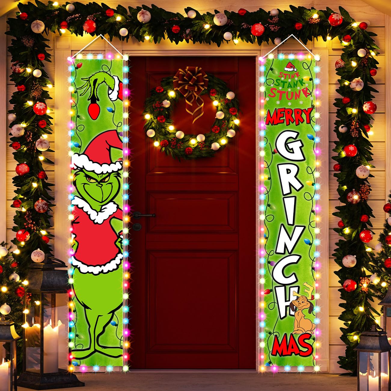 Christmas Decorations Green Porch Signs with 2 Light Strings Christmas Lighted Door Banner Merry Xmas Theme Photography for Home Outdoor Indoor Decor