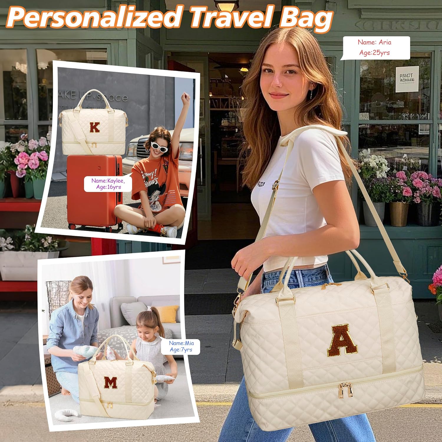 Birthday Gift for Women Initial Travel Duffle Bag Quilted Weekender Bags Carry-On Overnight with Cosmetic Bag, Gym Bag with Shoe Compartment Hospital Bag for Women Labor Delivery, Beige-C - Image 2