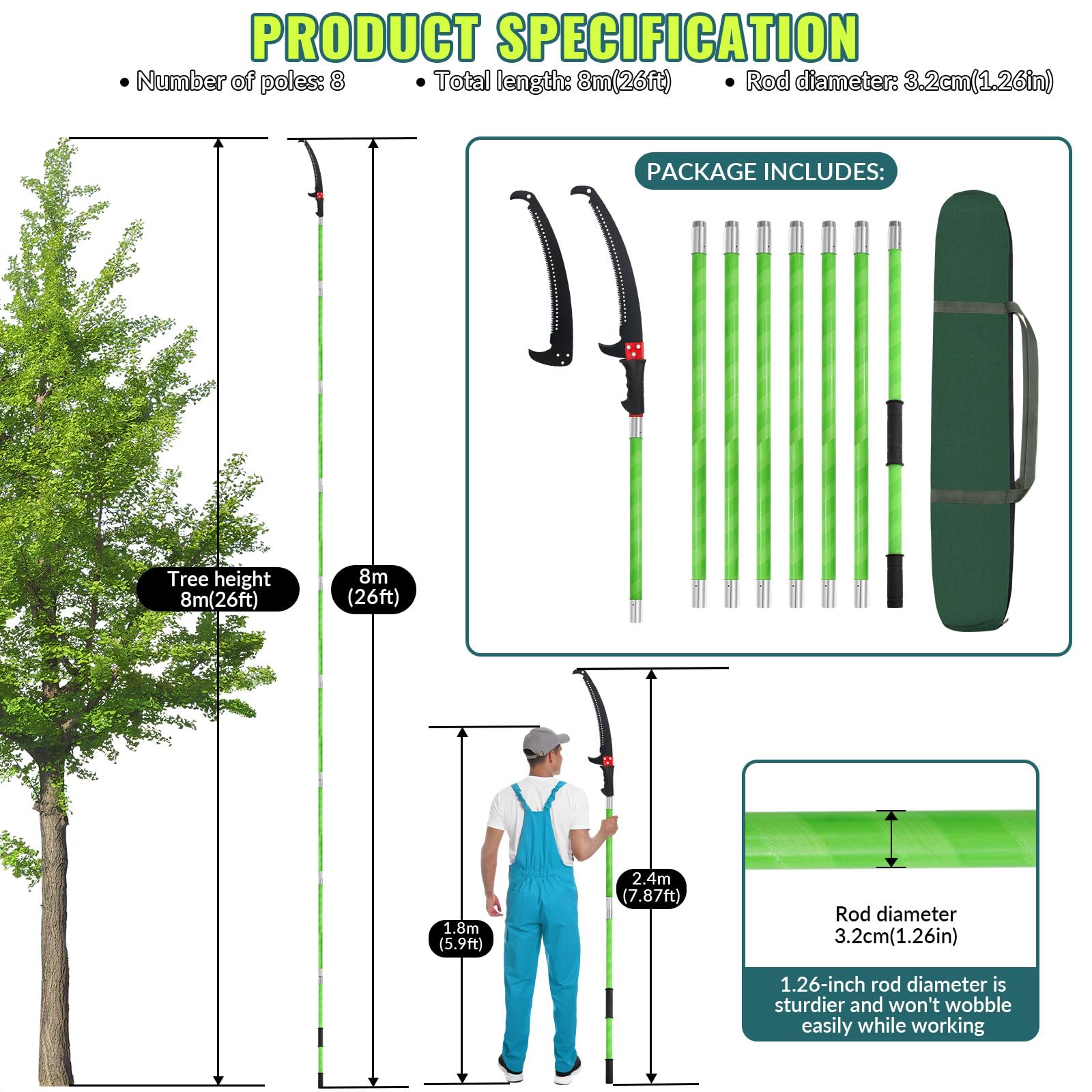 Scie à Élaguer Télescopique avec poignée, Scie à Élaguer Télescopique avec Manche Télescopique de 8Mètres, D'élagage Manuelle, Outils de Jardinage Pour la Taille des Palmiers et Des Arbustes